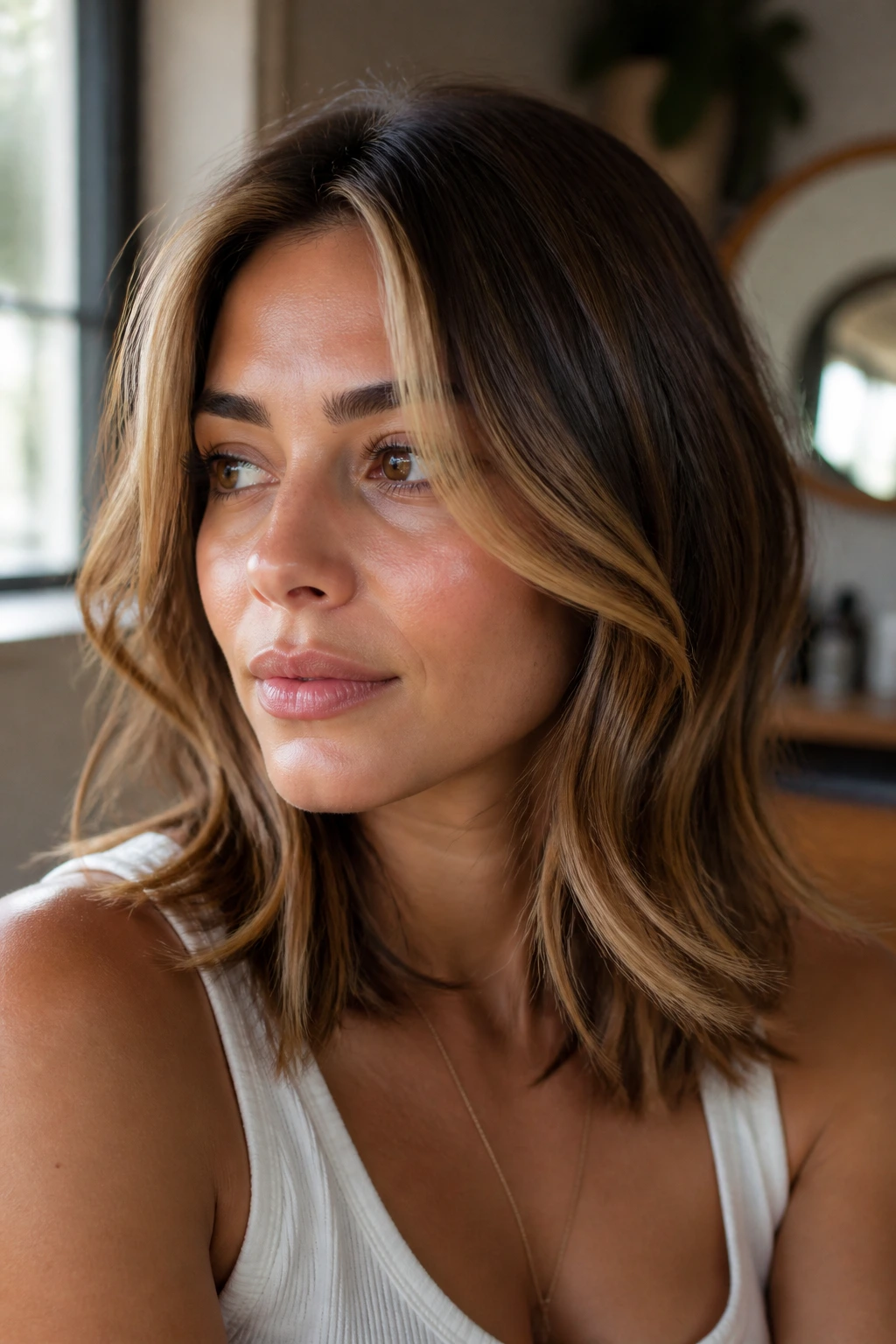 Close-up of a real woman with honey ribbons around the face on medium-length hair