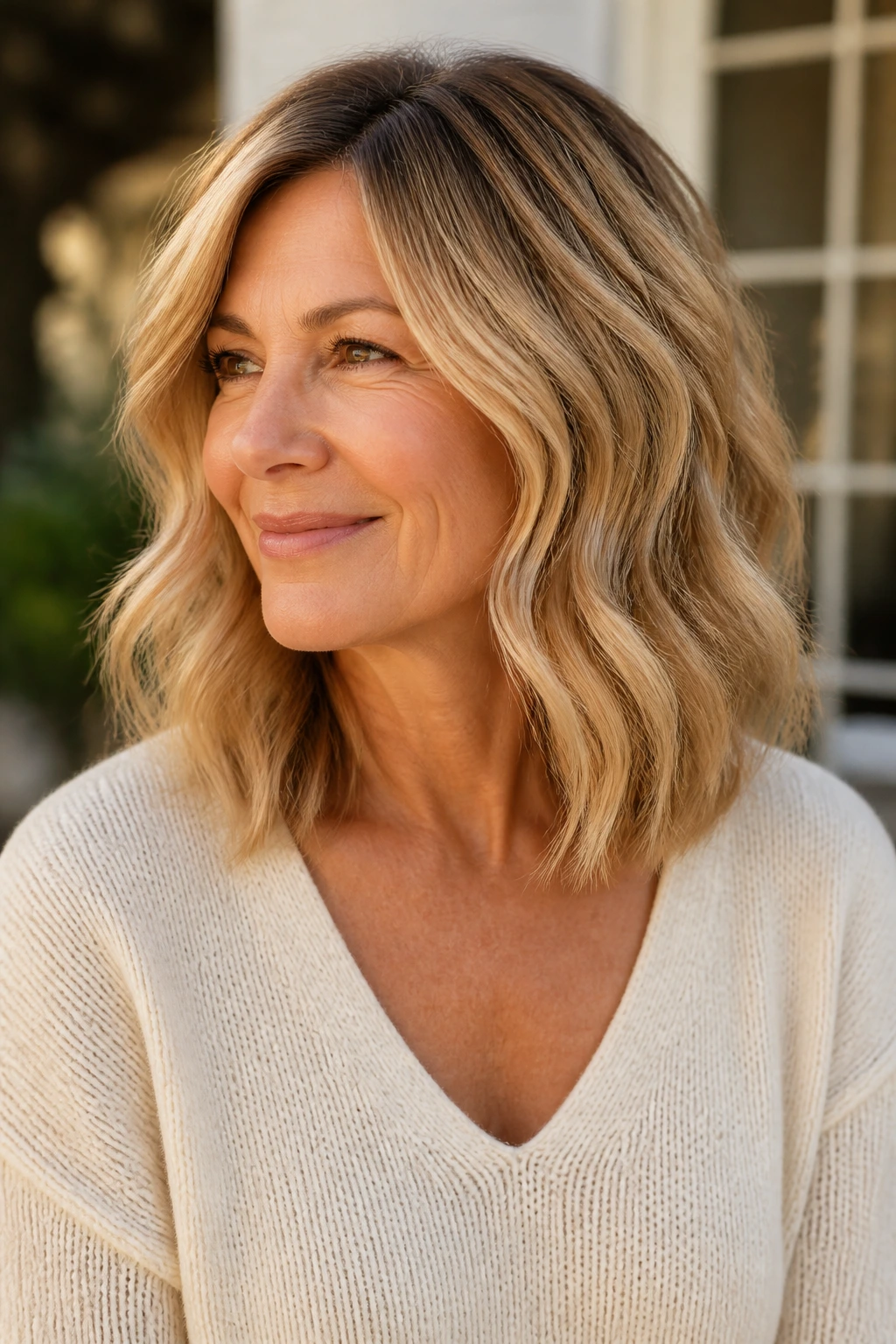 Shoulder-length honey blonde hair with root shadow and soft waves.