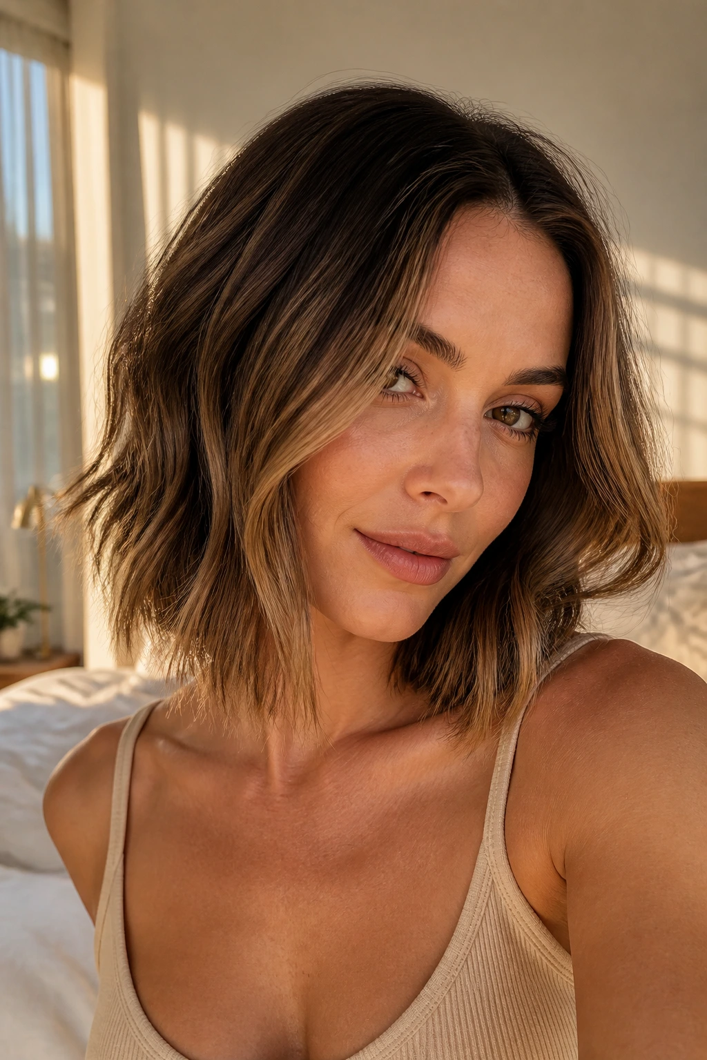 Close-up portrait of a real woman with honey-smoke collarbone lob in a sunlit bedroom