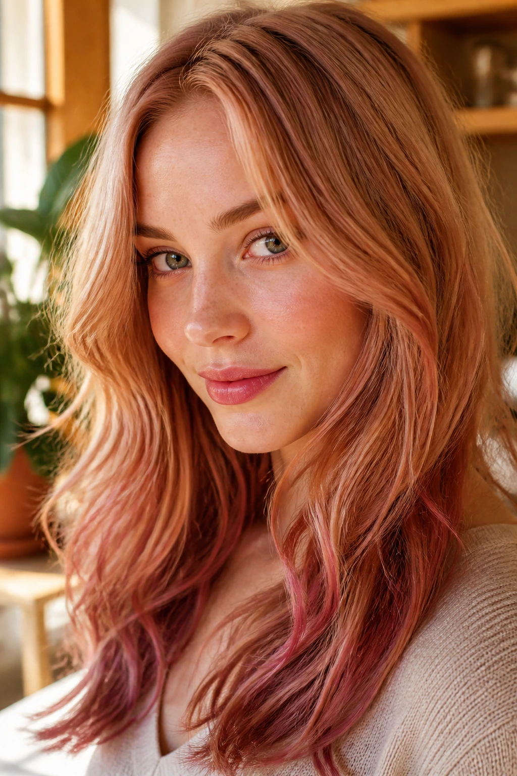 Close-up portrait of a real woman with honey-strawberry blonde hair and berry-toned ends in warm window light