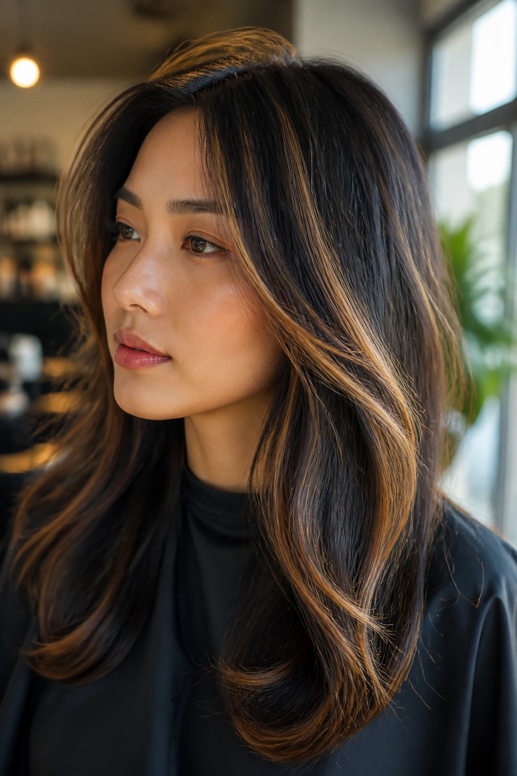 Close-up of a woman with dark hair and warm honey streaks