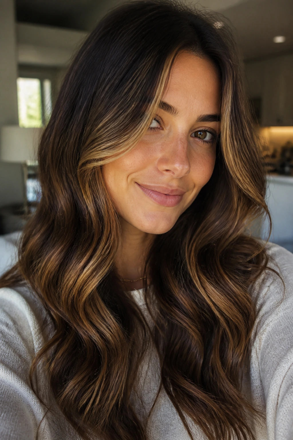 Close-up portrait of a real woman with wavy brunette hair featuring honey-toffee contour highlights along the cheeks