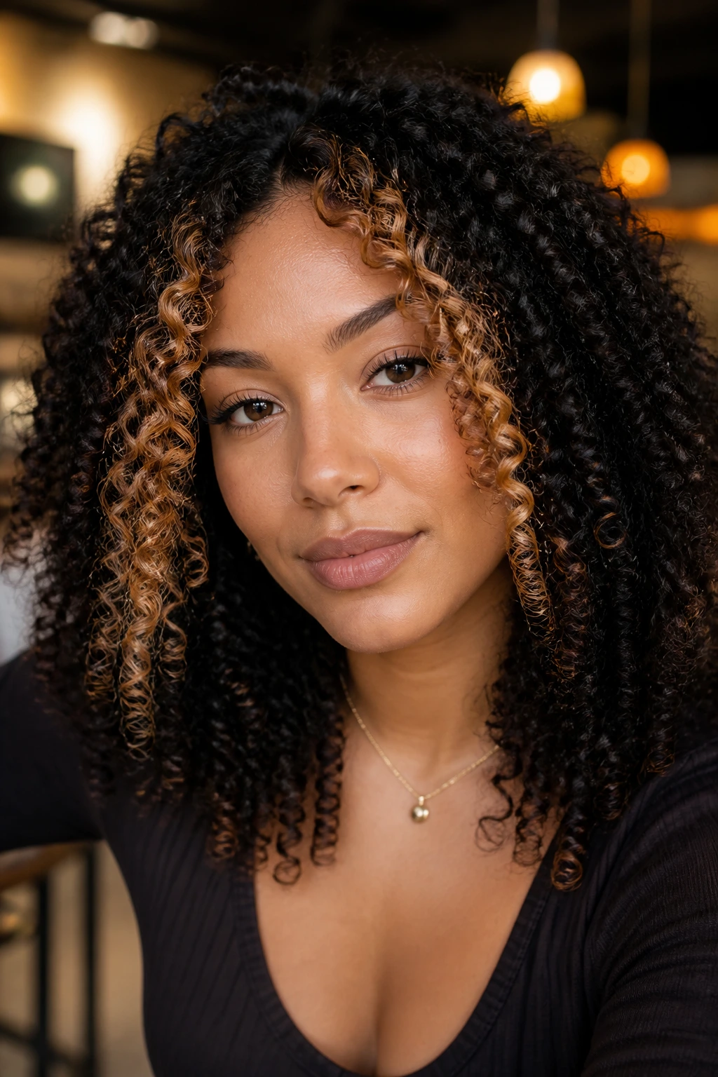 Honey-toffee money piece on tight curls framing the face