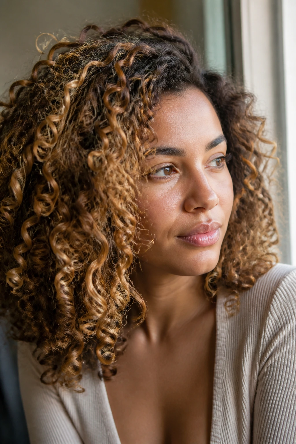 Curly hair with multiple honey tones catching light