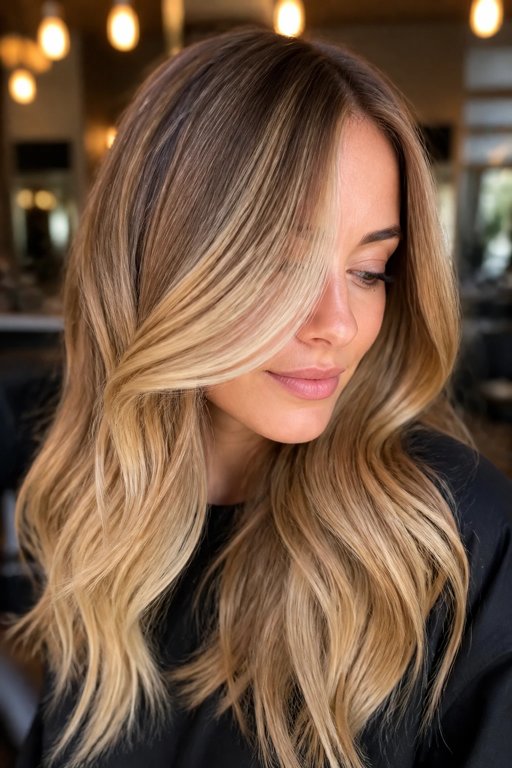 Close-up portrait of a real woman with Honey Veil Blonde hair in warm salon lighting.