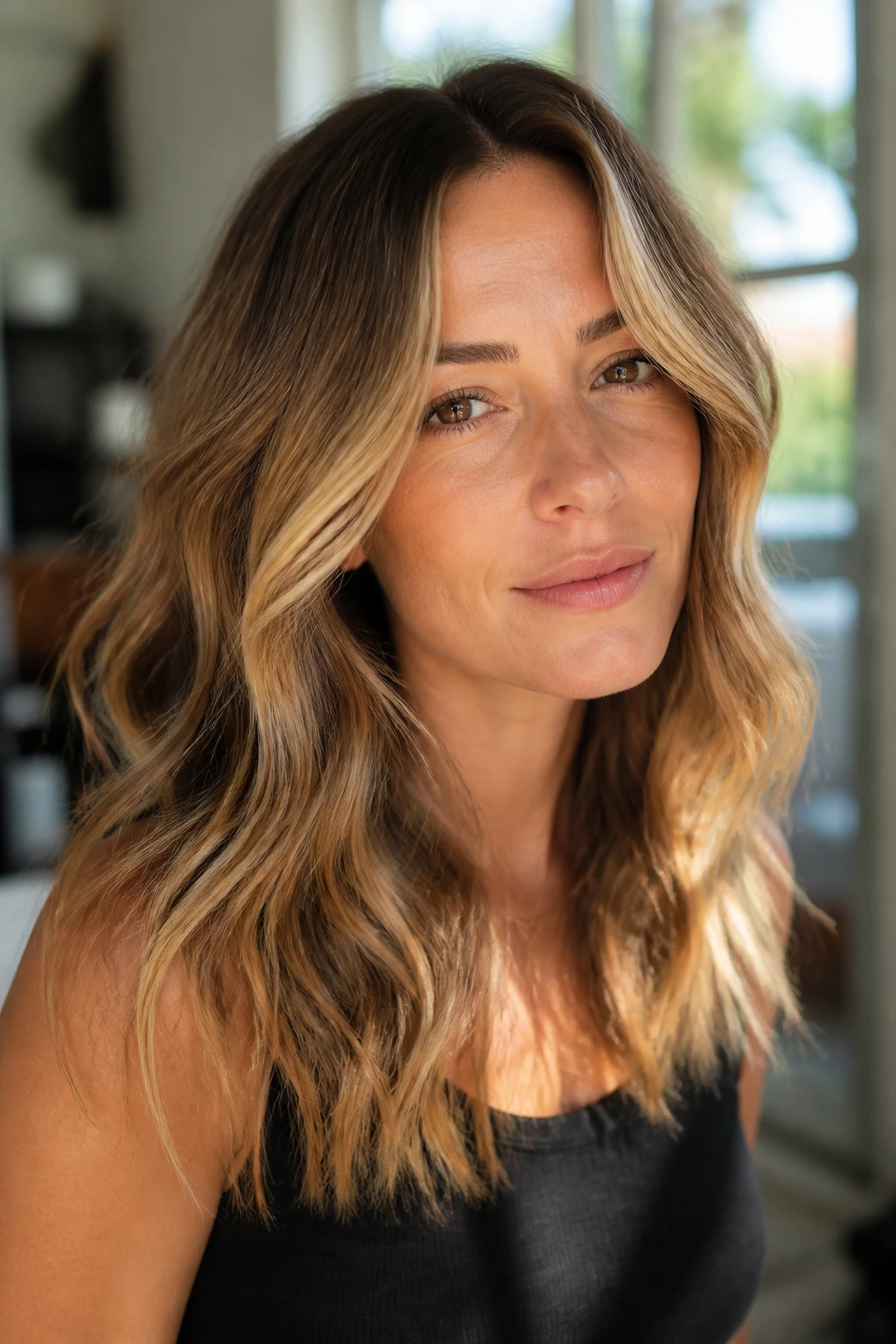 Close-up of a real woman with honey-wheat balayage and soft waves