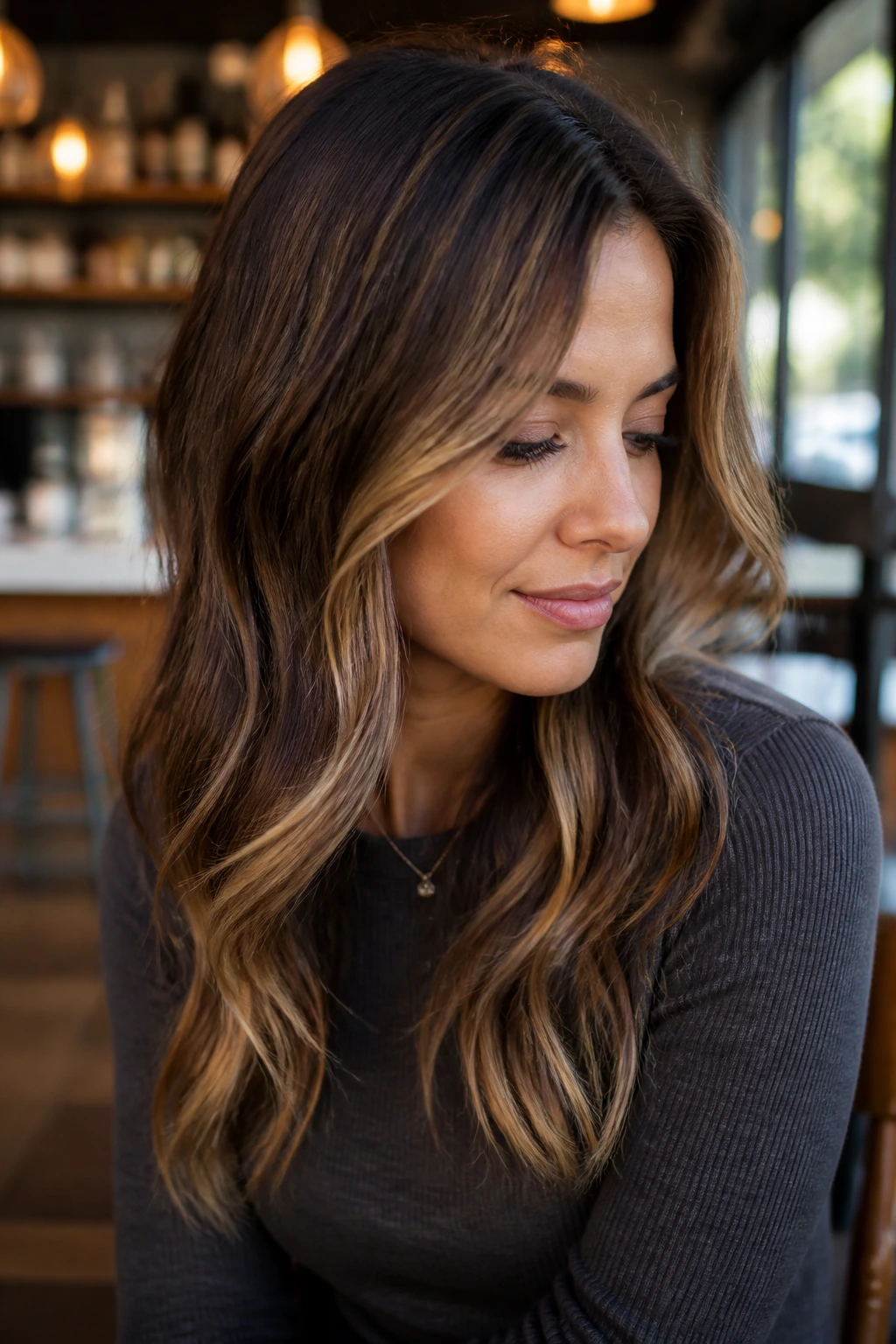 Close-up of honey-toned woven lights on chestnut hair framing the face