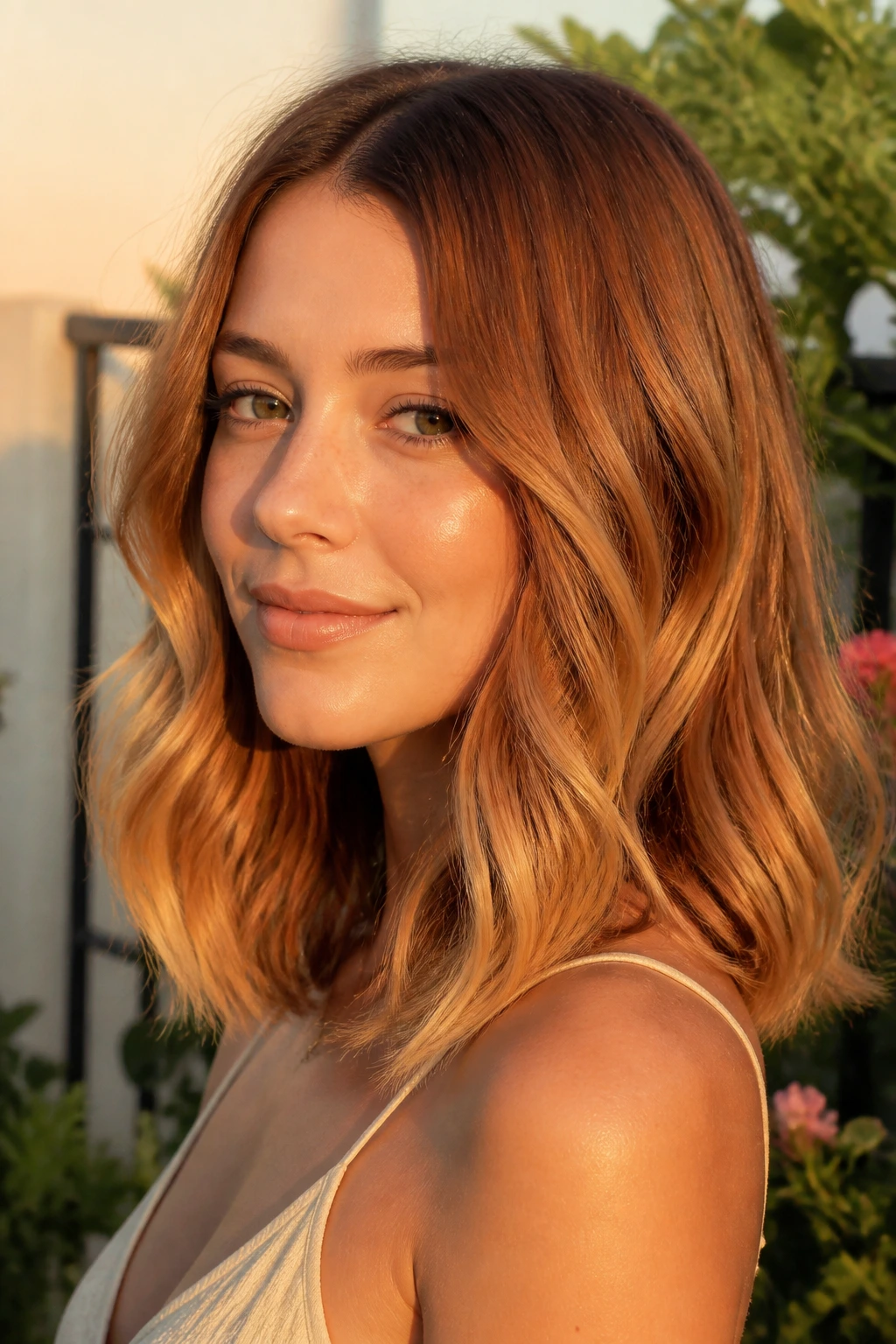Shoulder-length hair fading from honeyed auburn to gold dust on a real person