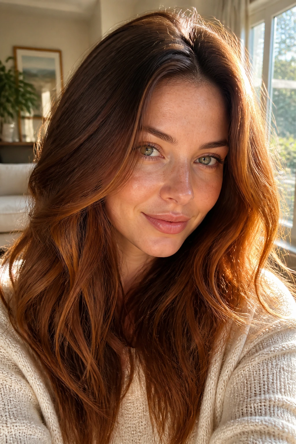 Close-up of a real woman with honeyed auburn hair and warm highlights.