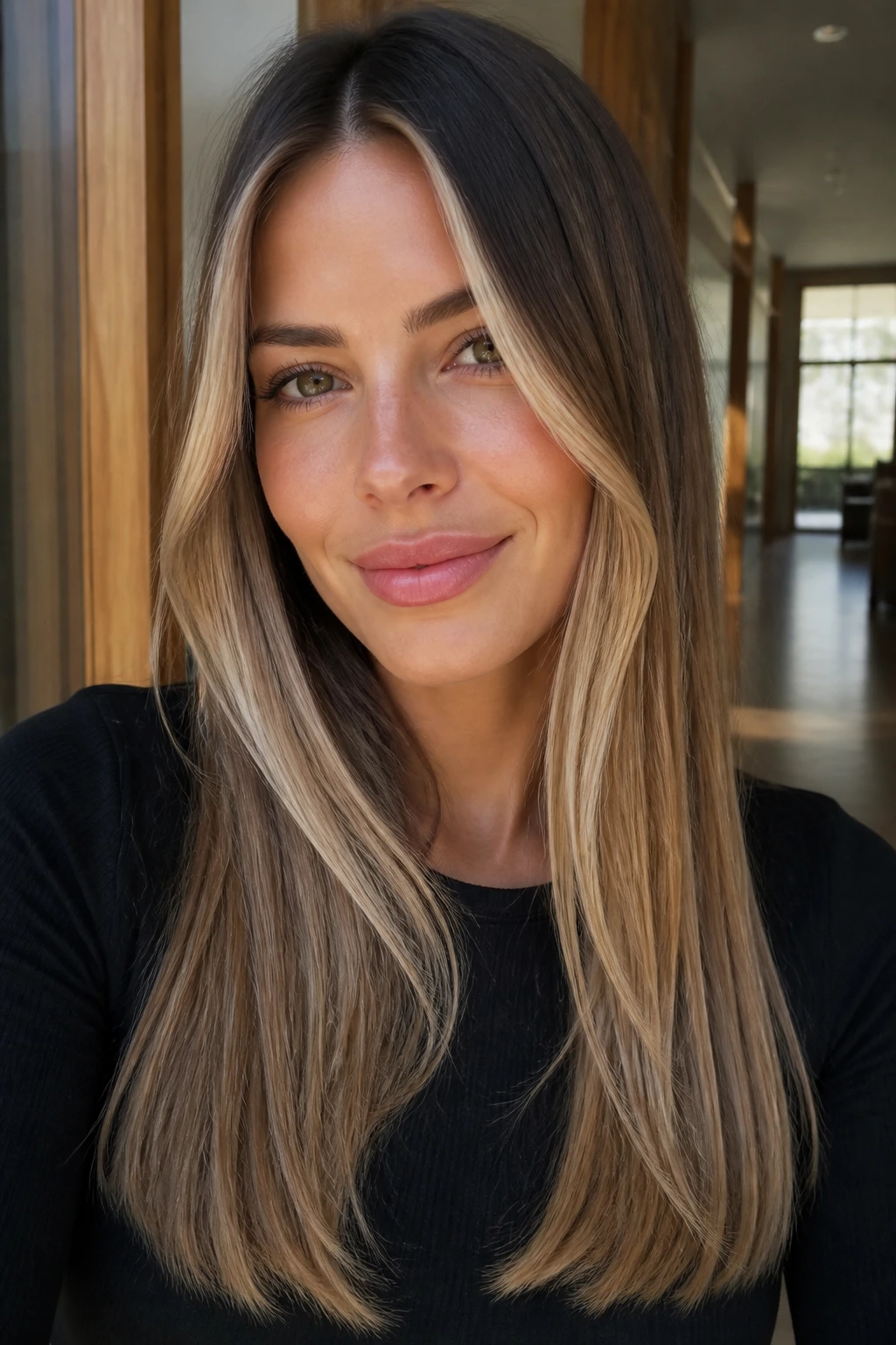 Close-up of a real woman with honeyed beige face frame on straight hair