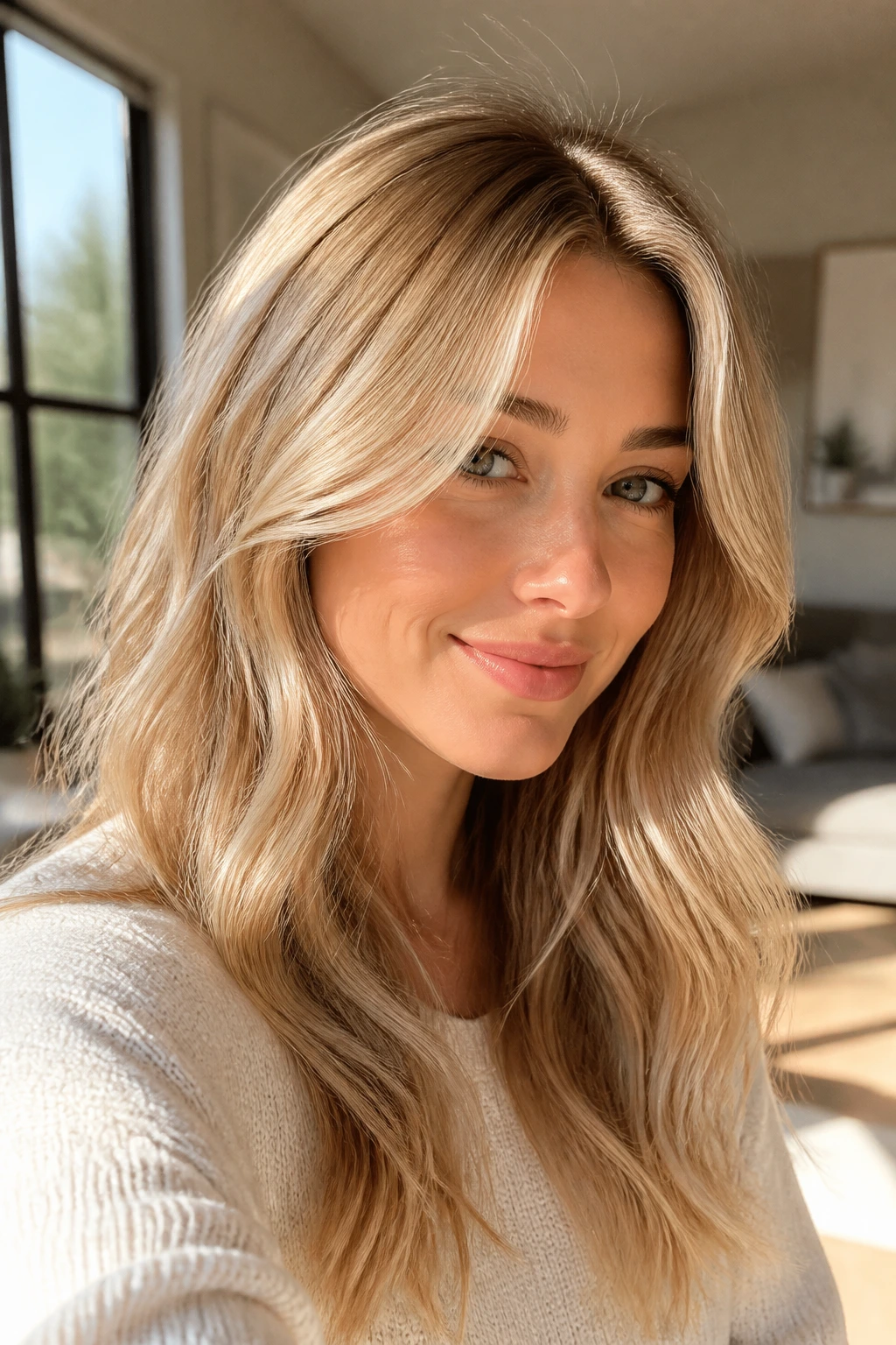 Close-up portrait of a real woman with honeyed air-touch blonde