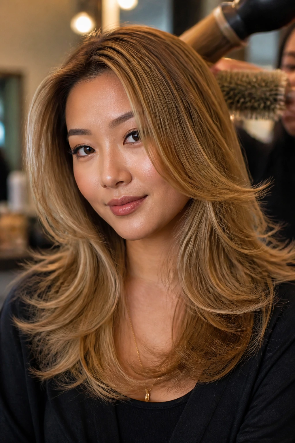 Close-up portrait of a real woman with a voluminous honeyed blonde blowout.