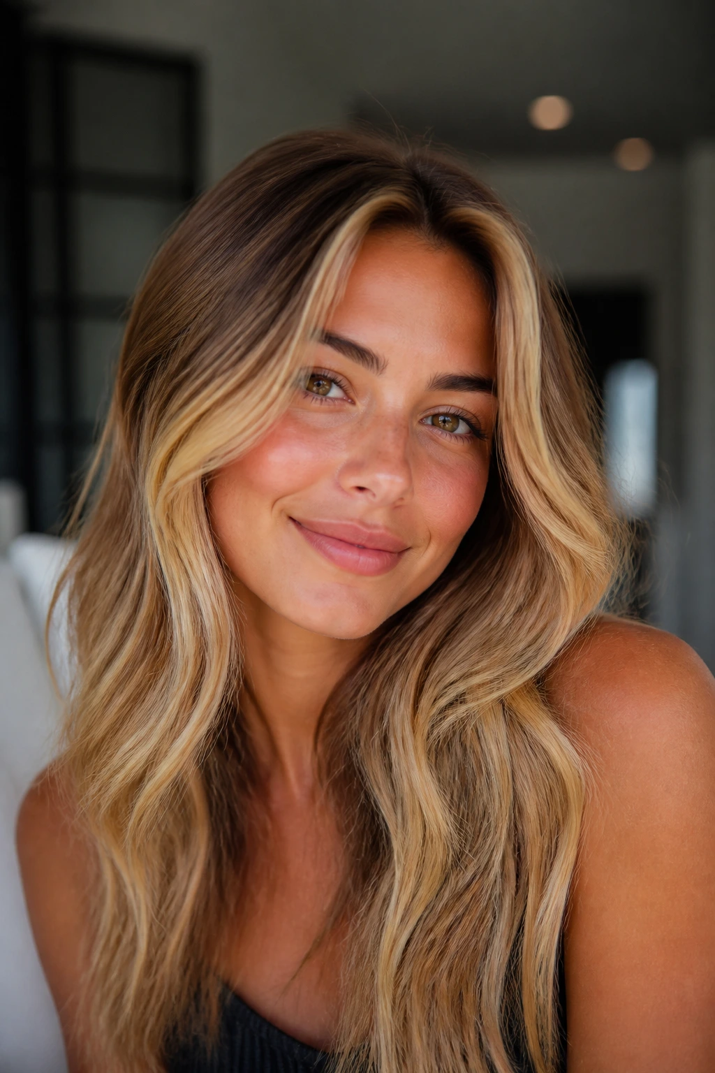 Close-up portrait of honeyed face-framing blonde highlighting cheeks and temples