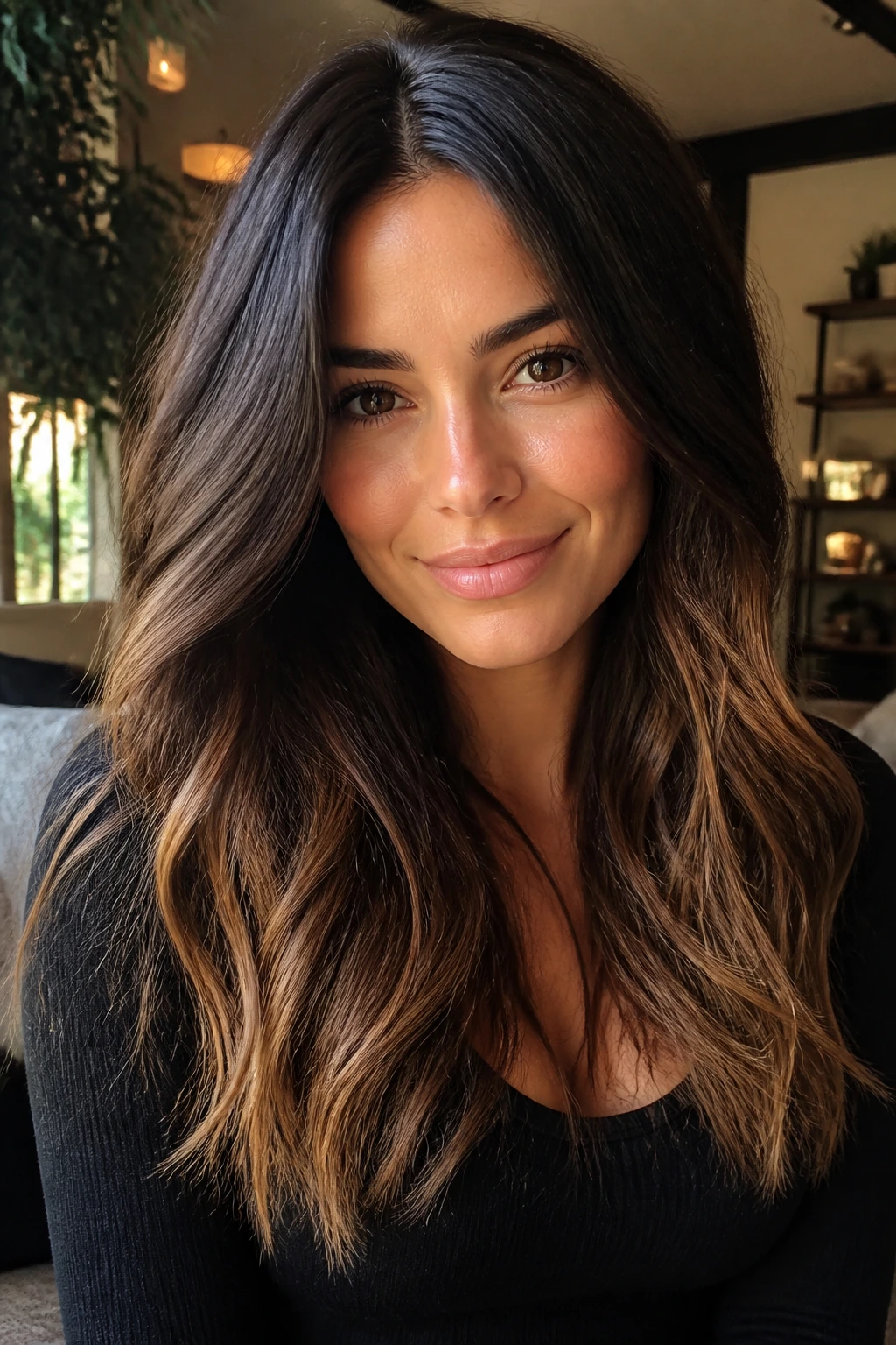 Close-up of a real woman showing honey glazed ends on brunette hair
