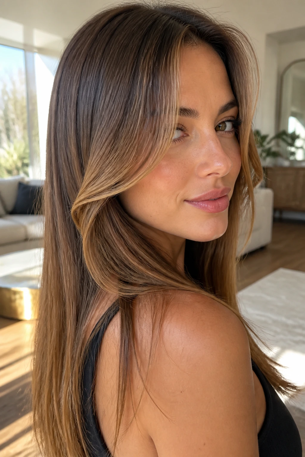 Close-up portrait of a real woman with honeyed brunette hair and feathered front pieces in warm sunlight