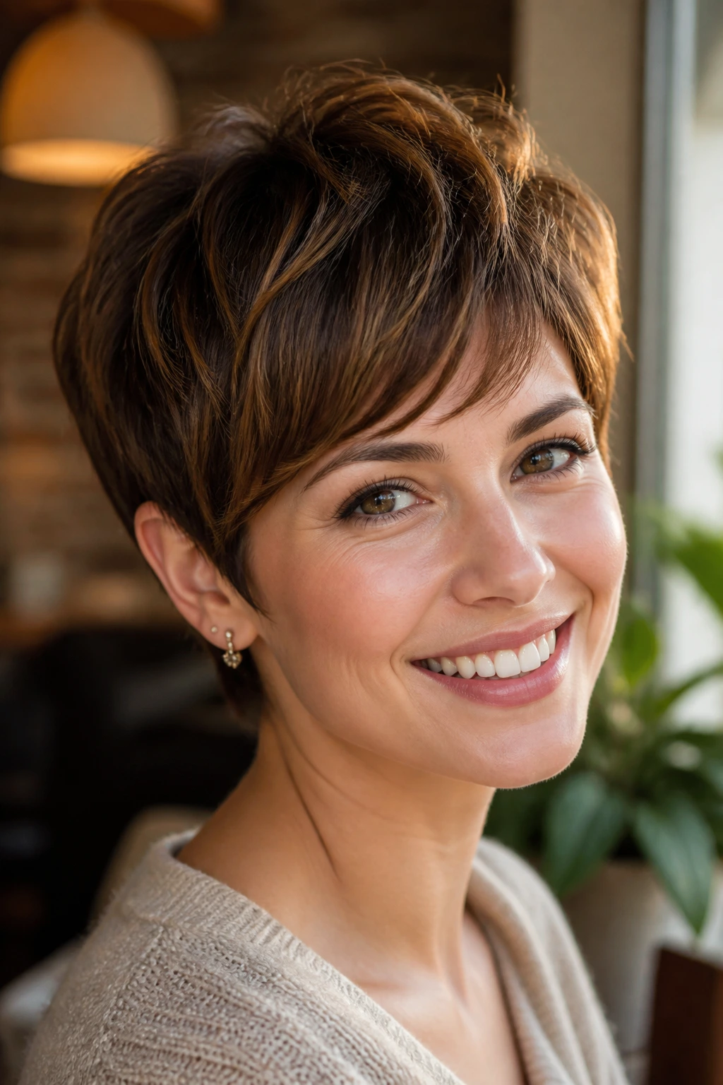 Close-up portrait of a real person with honeyed brunette pixie in sunlit setting.