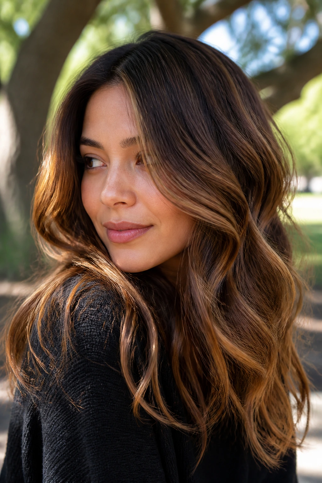 Close-up of a real woman with honeyed chestnut balayage on wavy hair in sunlit park