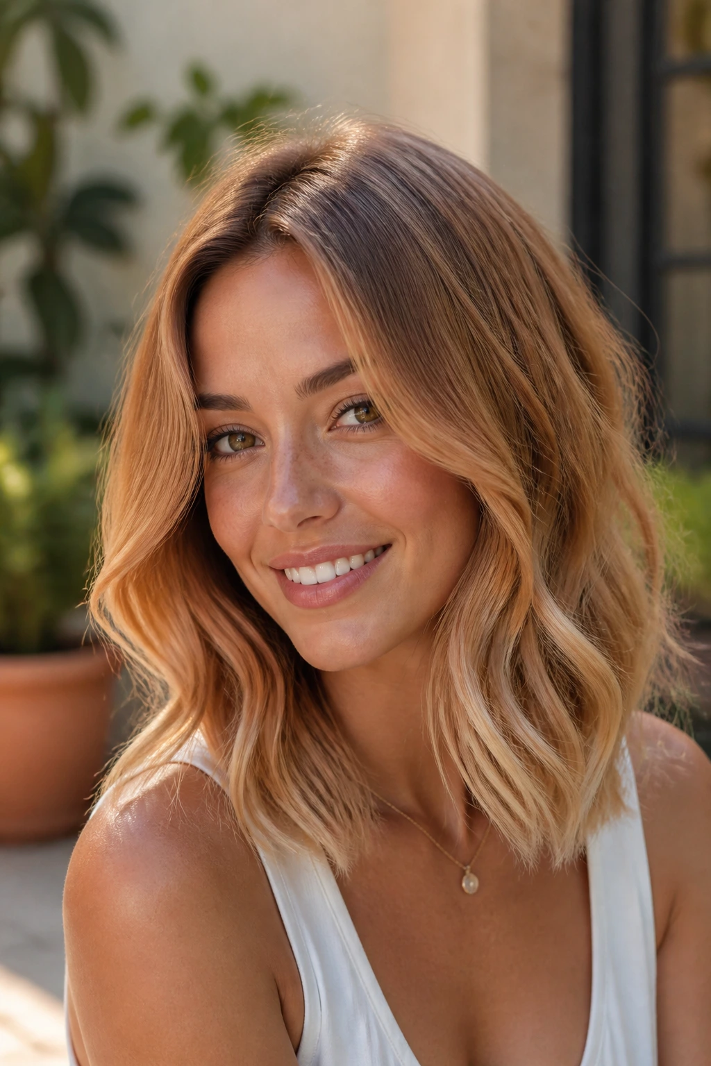 Real woman with honeyed copper-blonde hair in loose waves in warm sunlit setting