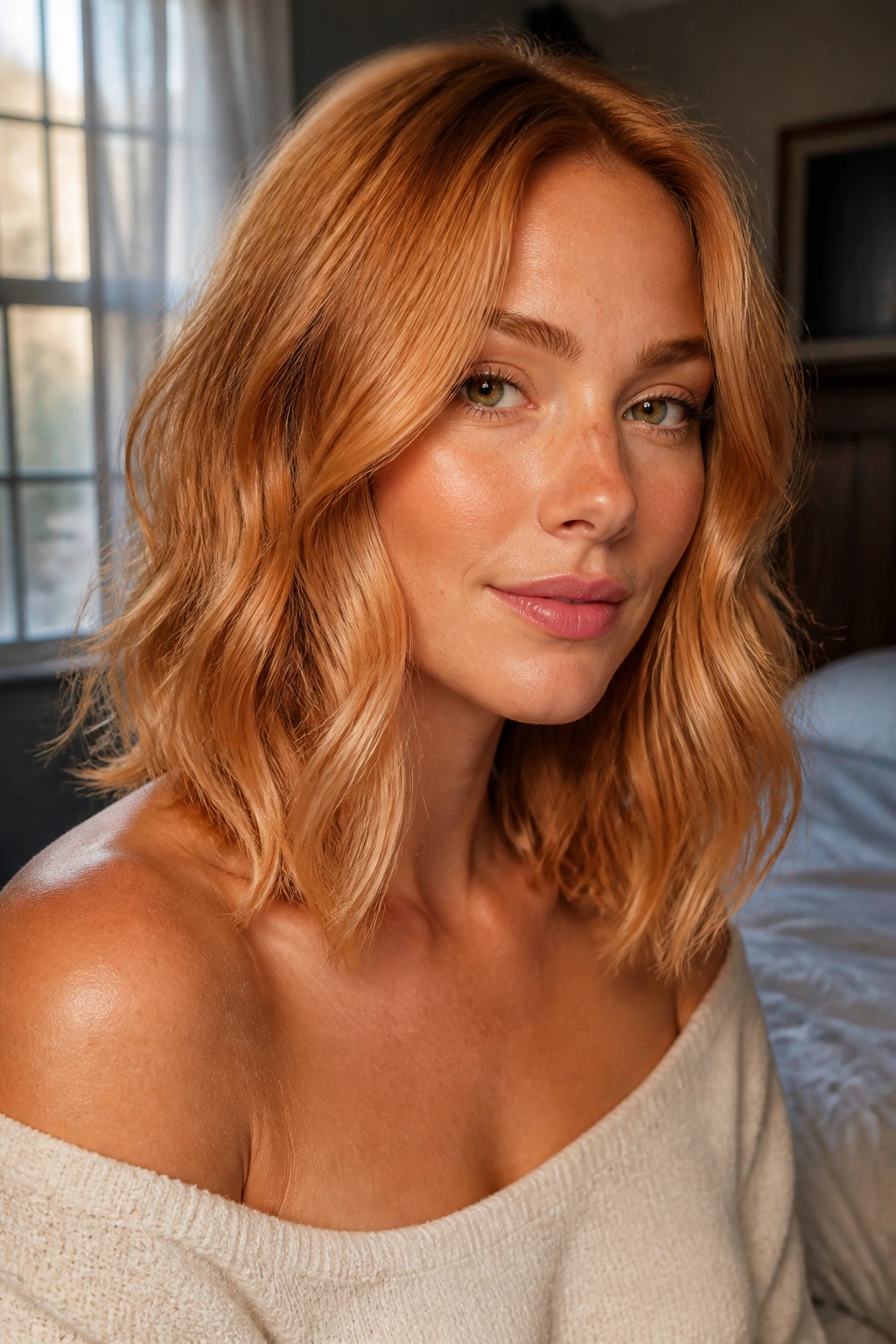 Close-up portrait of a woman with shoulder-length honeyed copper blonde hair in warm daylight