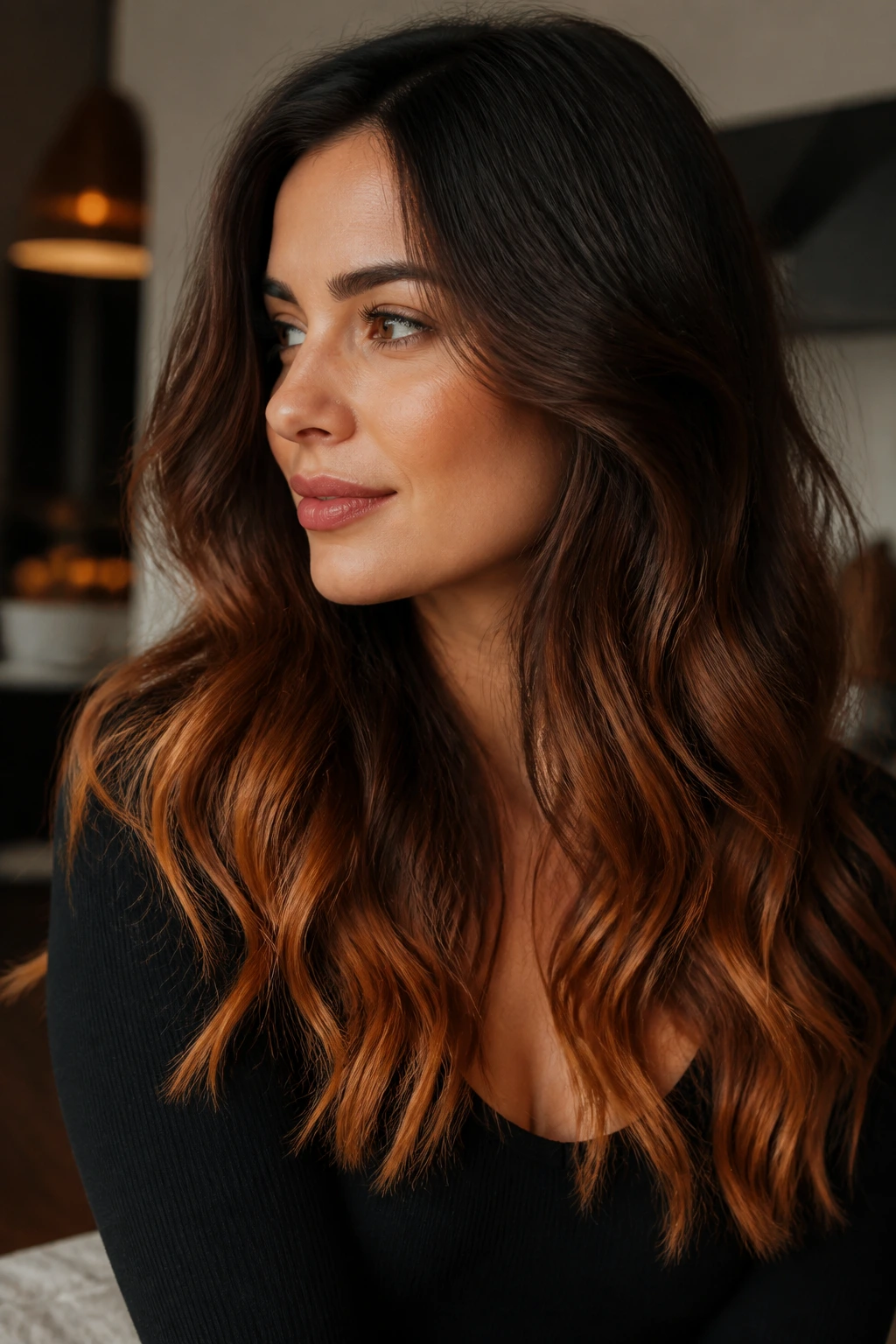 Long hair with honeyed copper ends in warm light