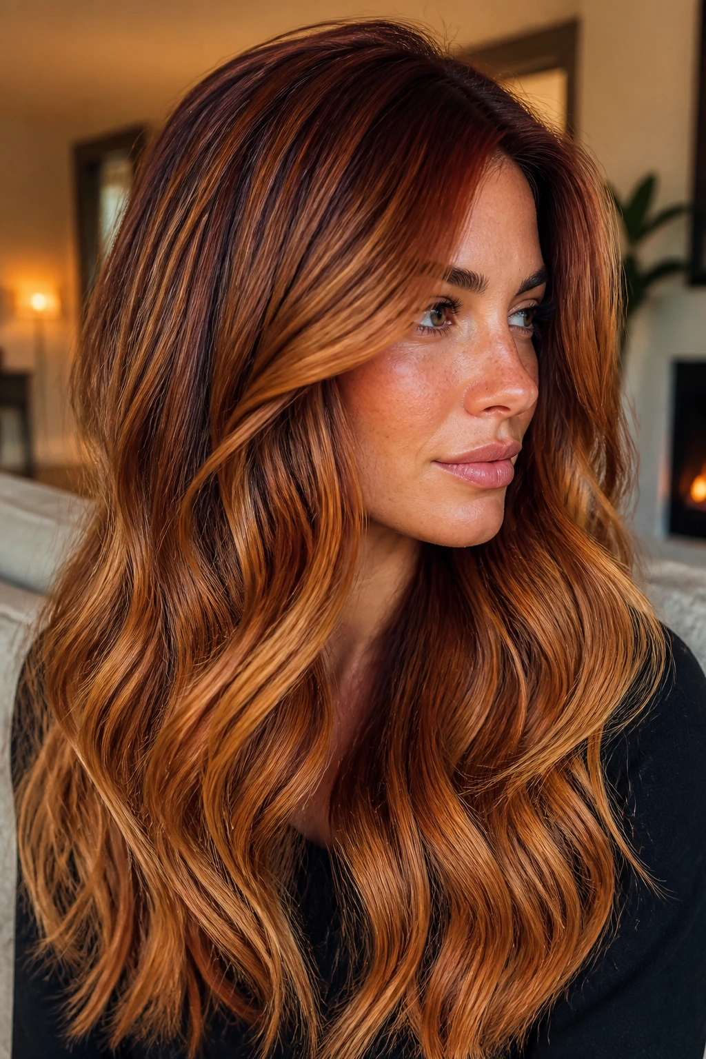 Close-up portrait of a real woman with Honeyed Copper Melt highlights on thick hair.
