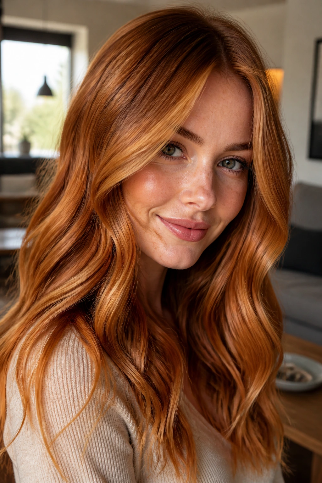 Close-up of a real woman with honeyed copper wavy hair in soft light.