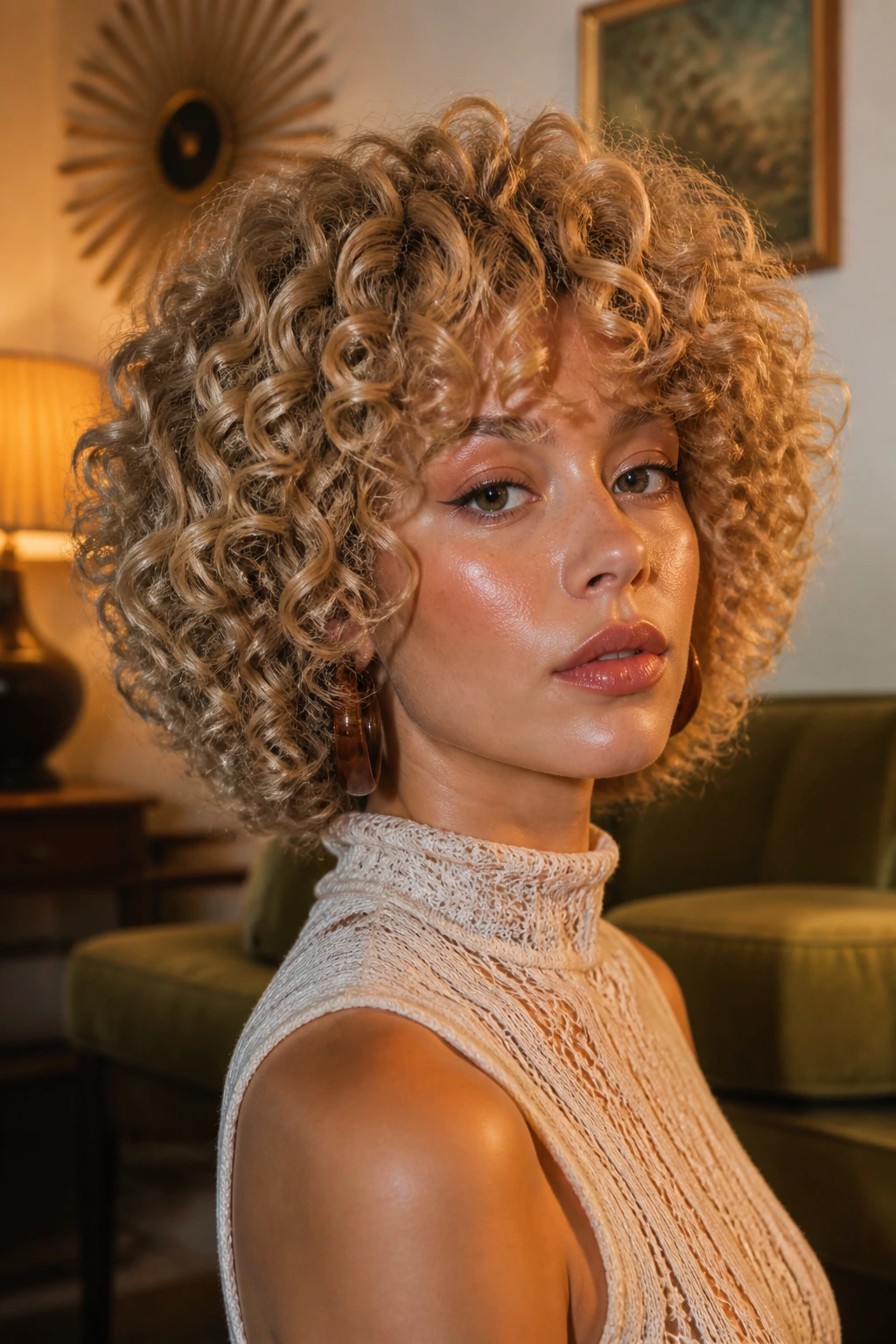 Close-up of a real woman with honeyed blonde poodle curls in a cropped retro style