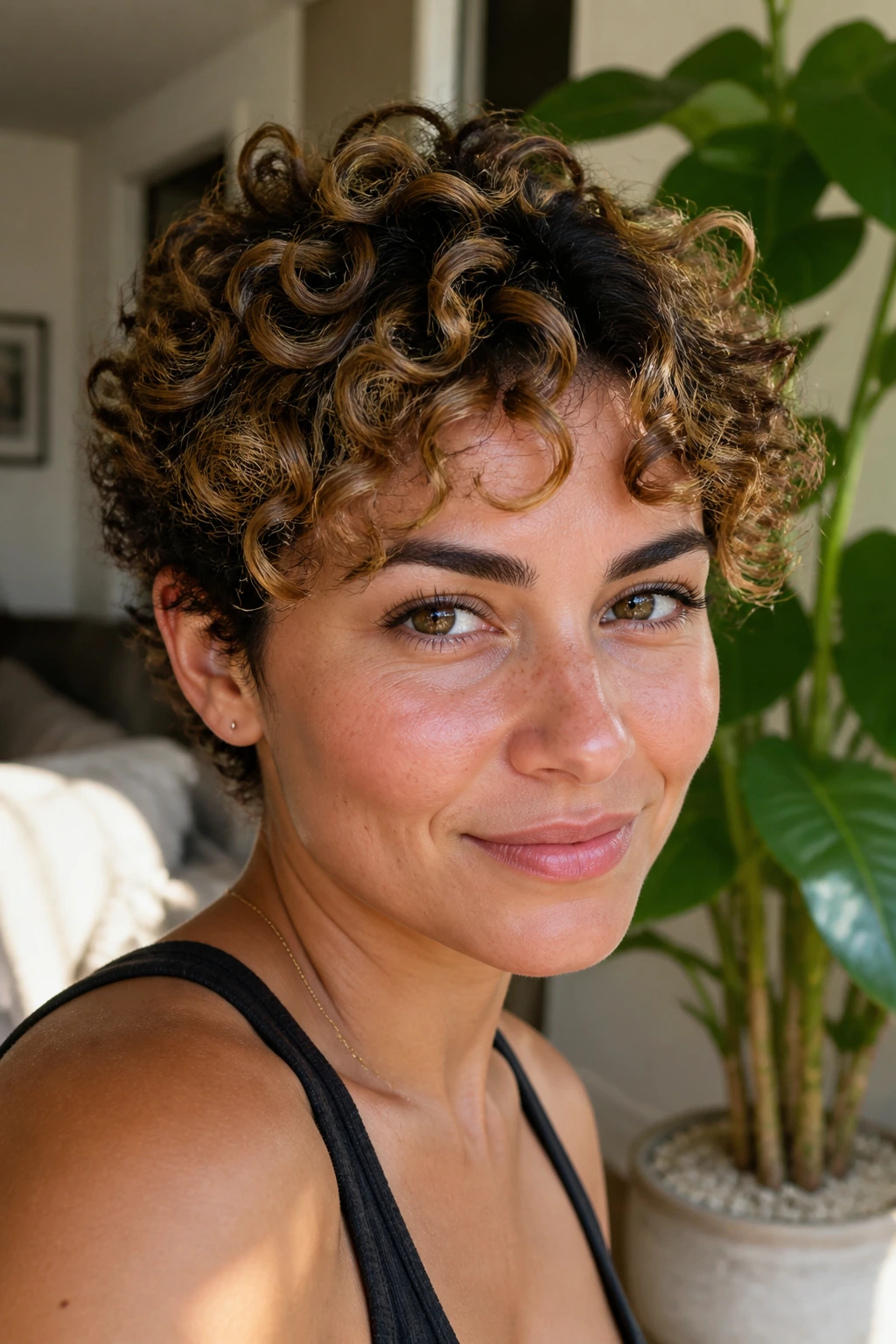 Close-up of a real woman with a honeyed curly crop and balayage highlights on curls