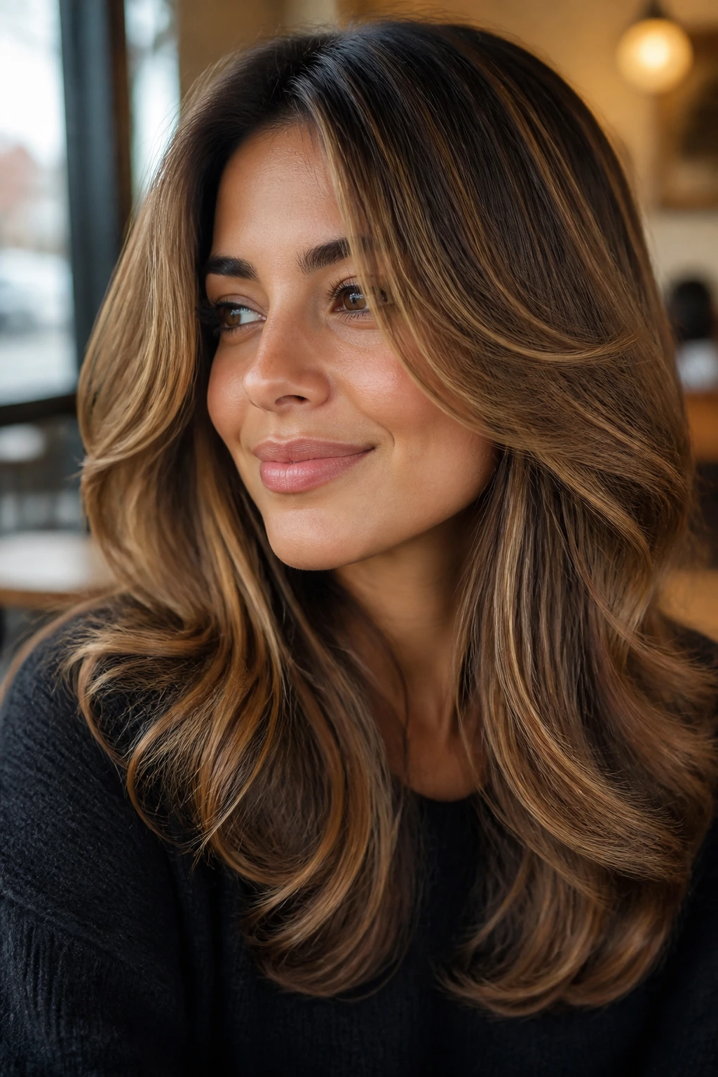 Portrait of a real woman with honeyed curved layers framing the face