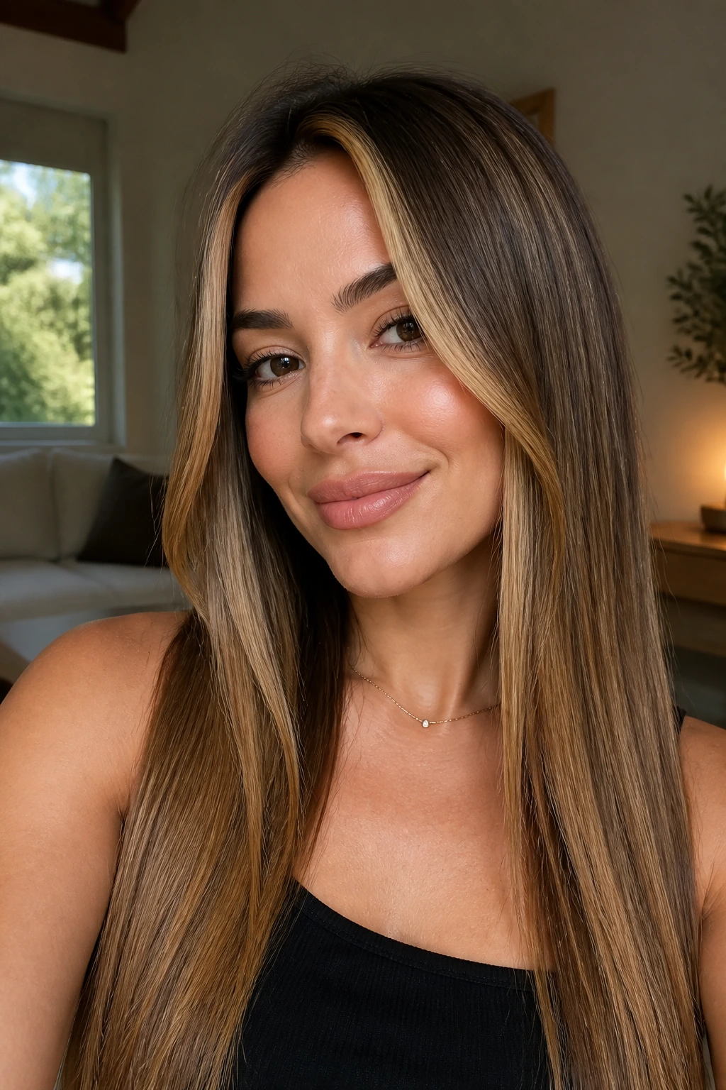 Close-up of real person with honeyed money pieces on straight hair