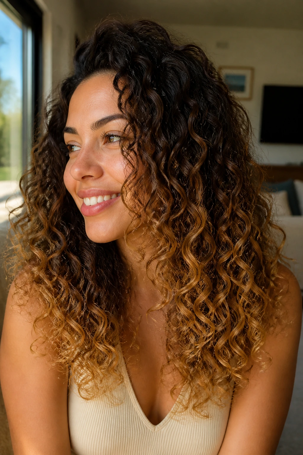 Close-up of a real woman's curly hair with honeyed ombré ends and darker roots in warm window light