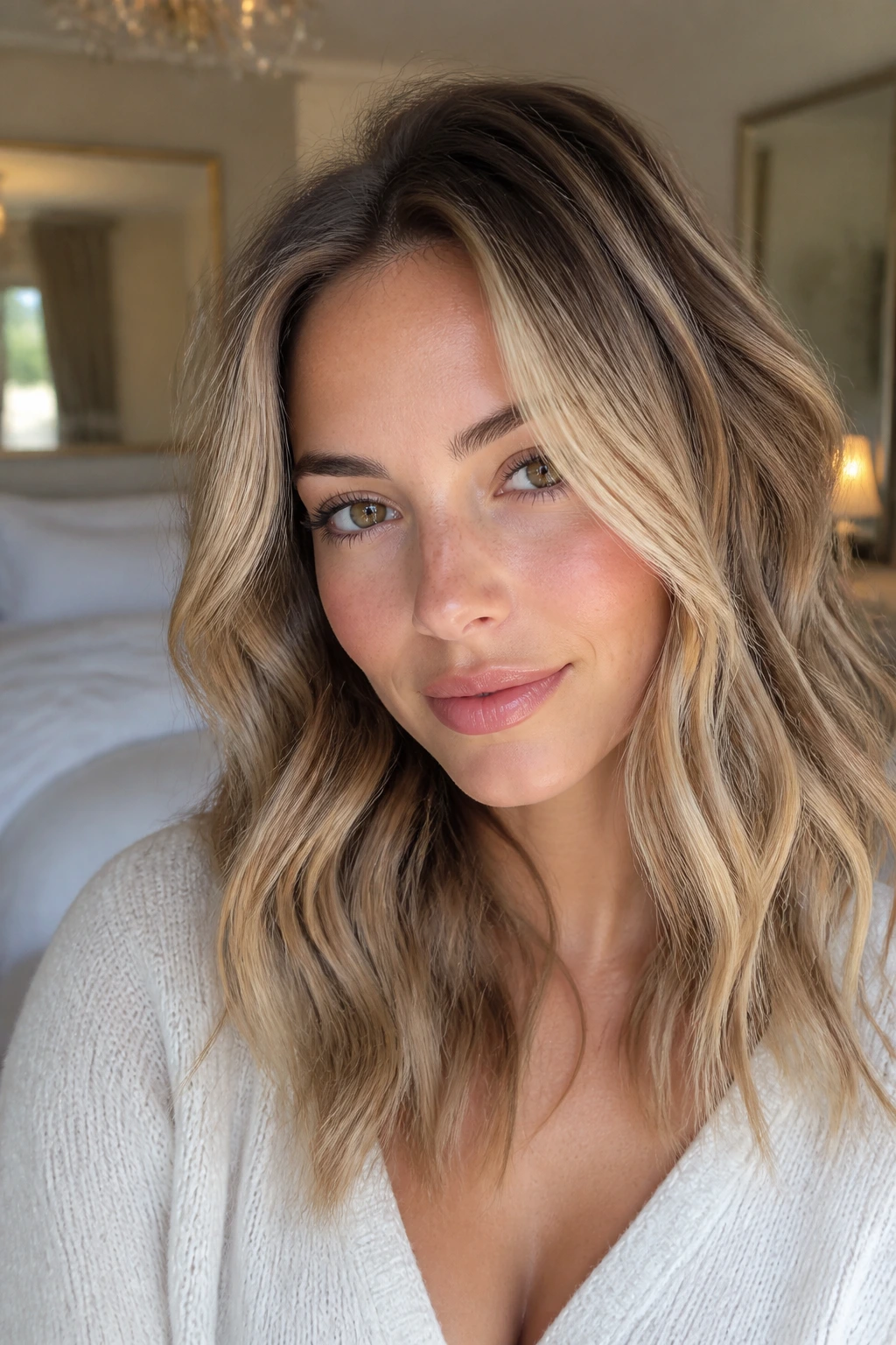 Close-up portrait of a woman with honeyed shadow roots on wavy hair