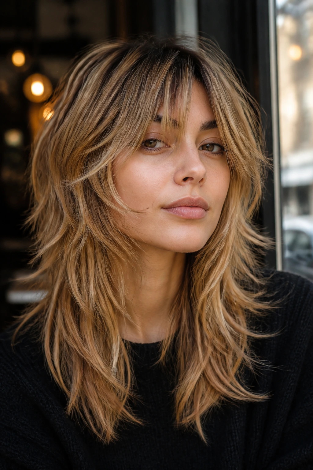 Portrait of a real woman with a honeyed wolf cut