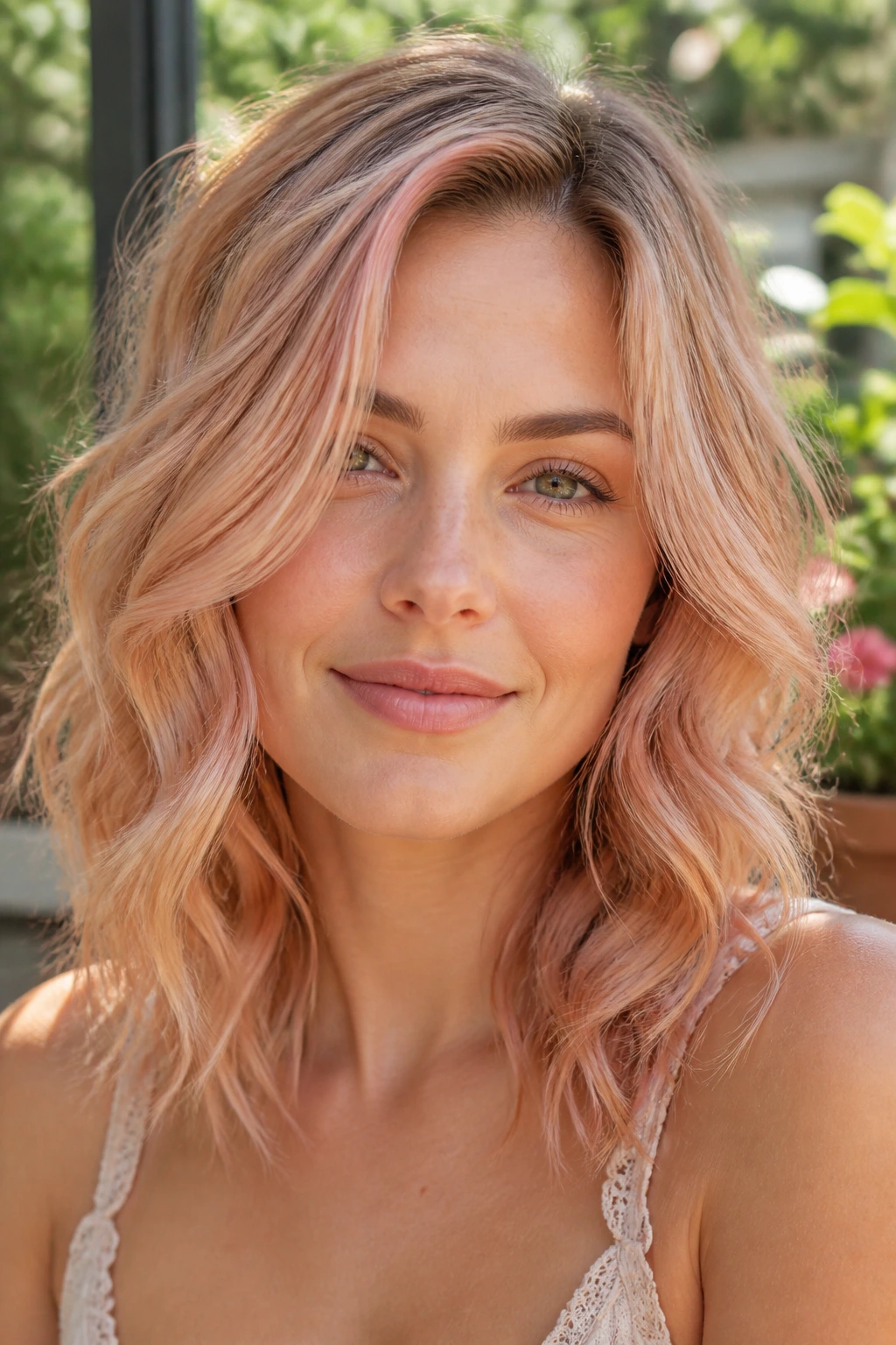 Portrait of a real woman with honeysuckle blonde shoulder-length hairstyle