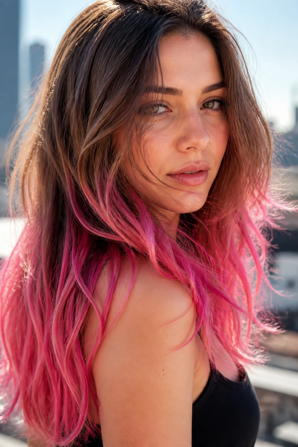 Hot pink dip-dye ends on a real woman's hair with natural roots, close-up