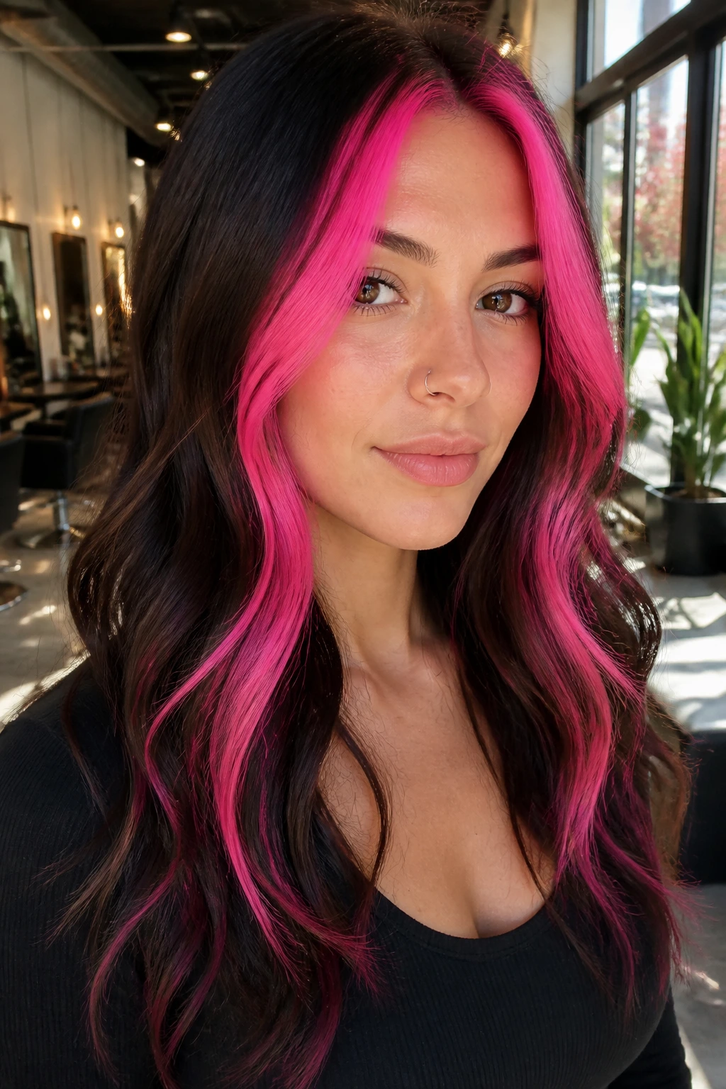 Real woman with hot pink front money pieces around the face