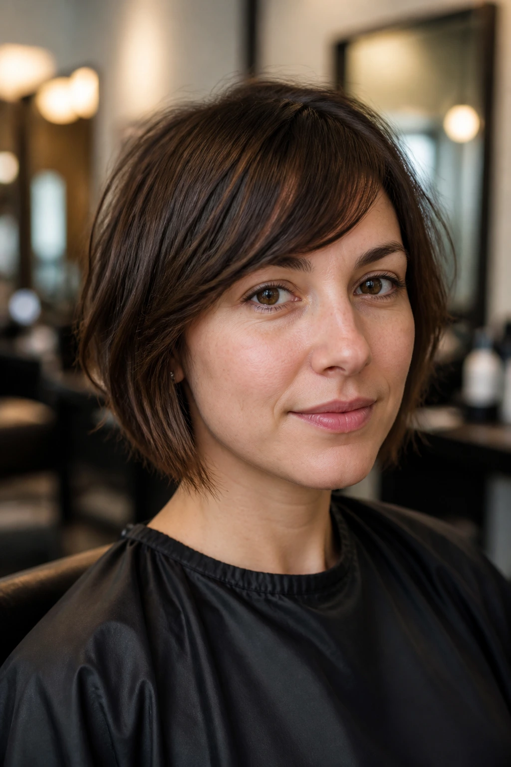 Portrait of a woman in a salon chair with swoopy bangs