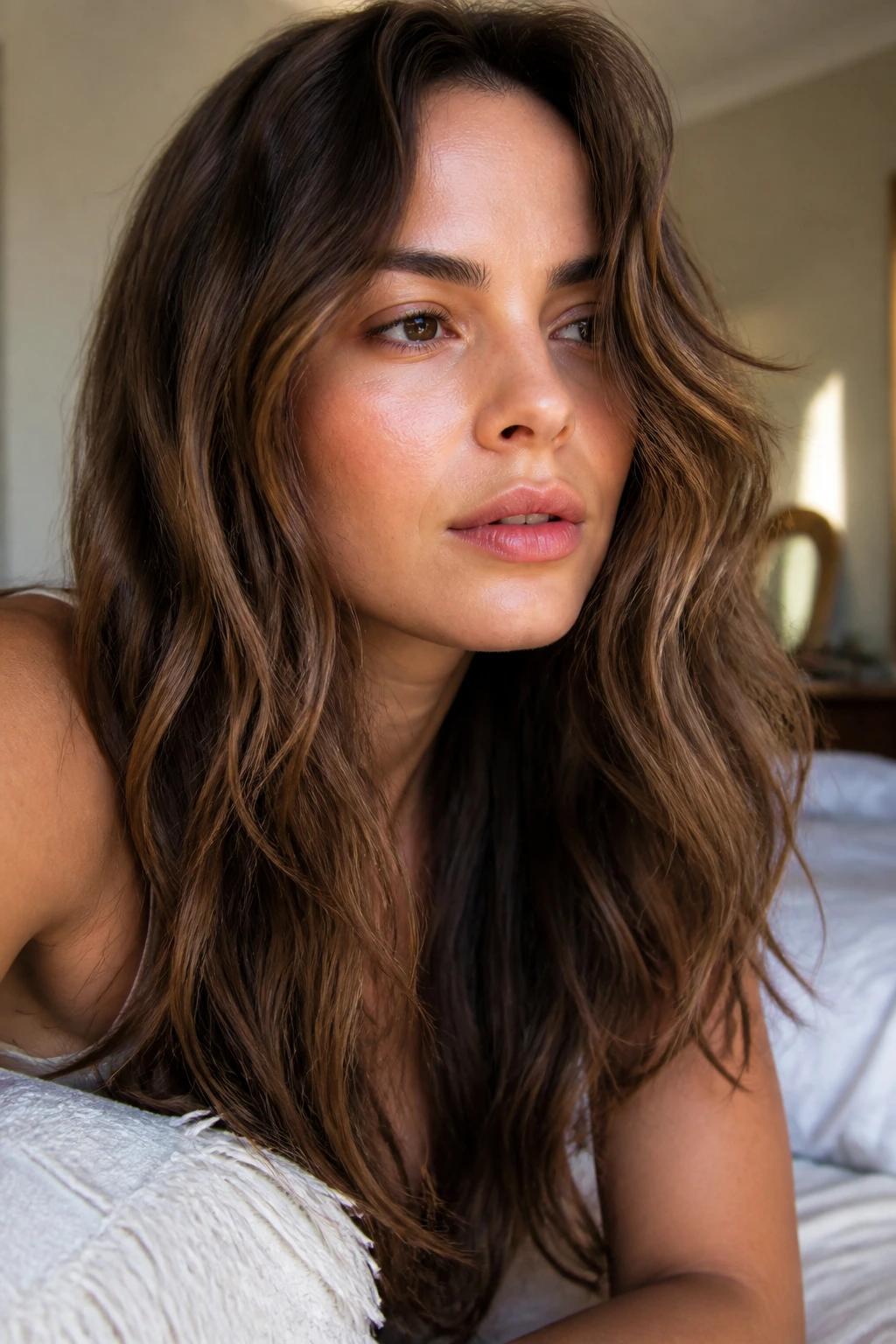 Close-up of a real woman with matte waves and low shine in soft bedroom light.