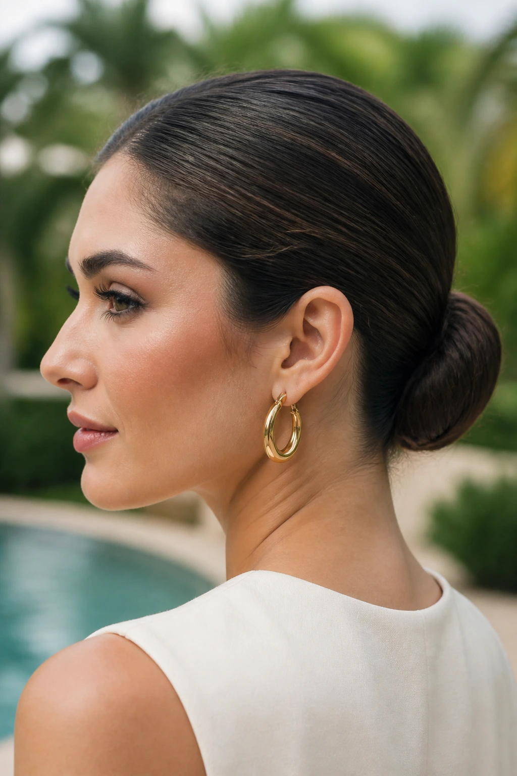 Humidity-proof low bun on a real woman outdoors