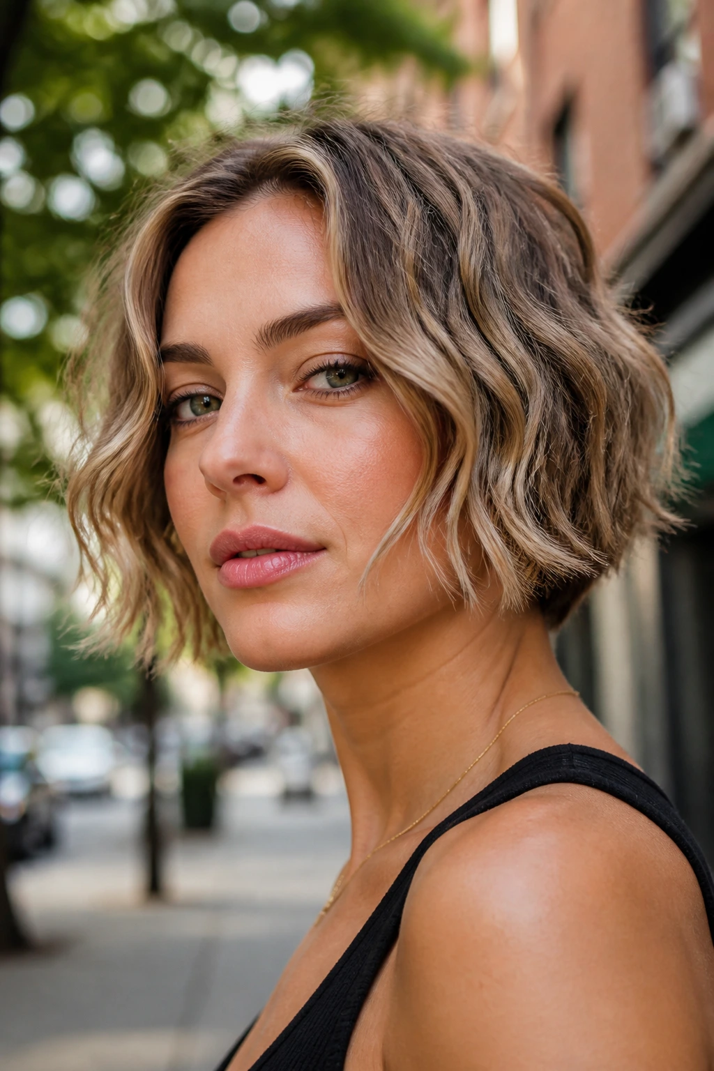 Real woman with textured waves on short hair in humid outdoor setting