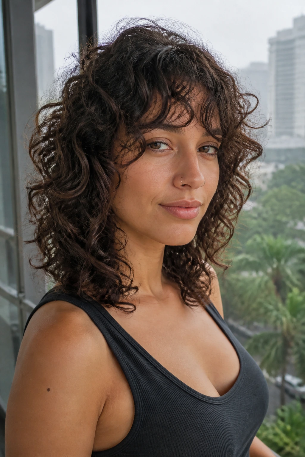 Close-up portrait of a real person with humidity-ready curly shag on a balcony