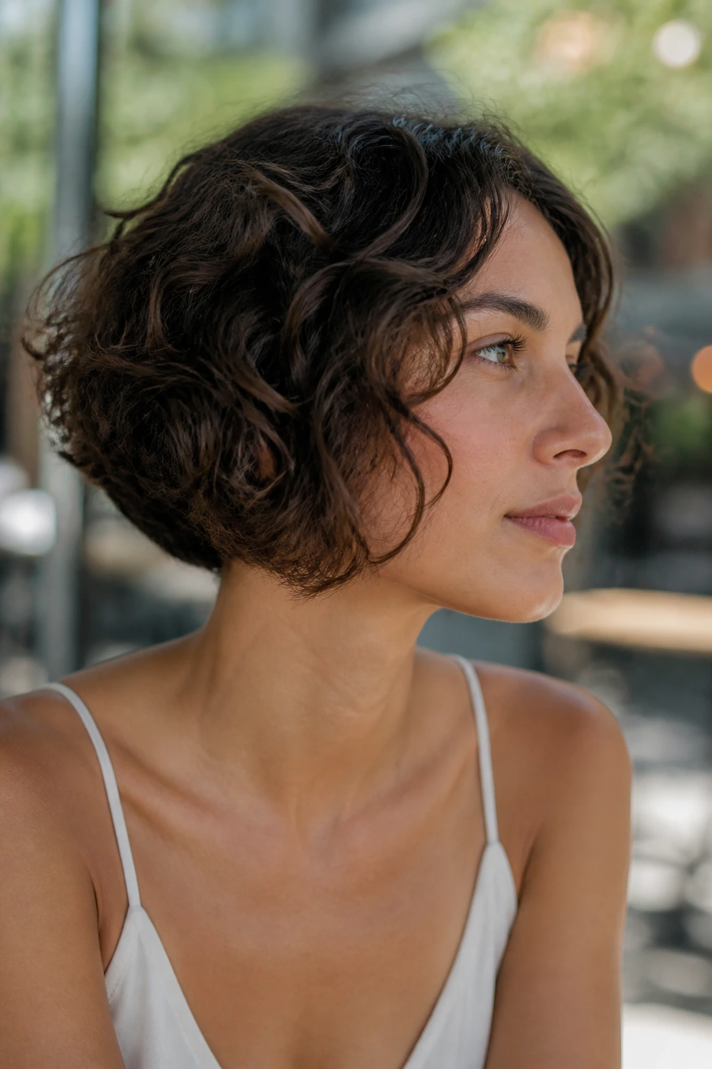 Real woman with humidity-resistant short bob in humid-looking light