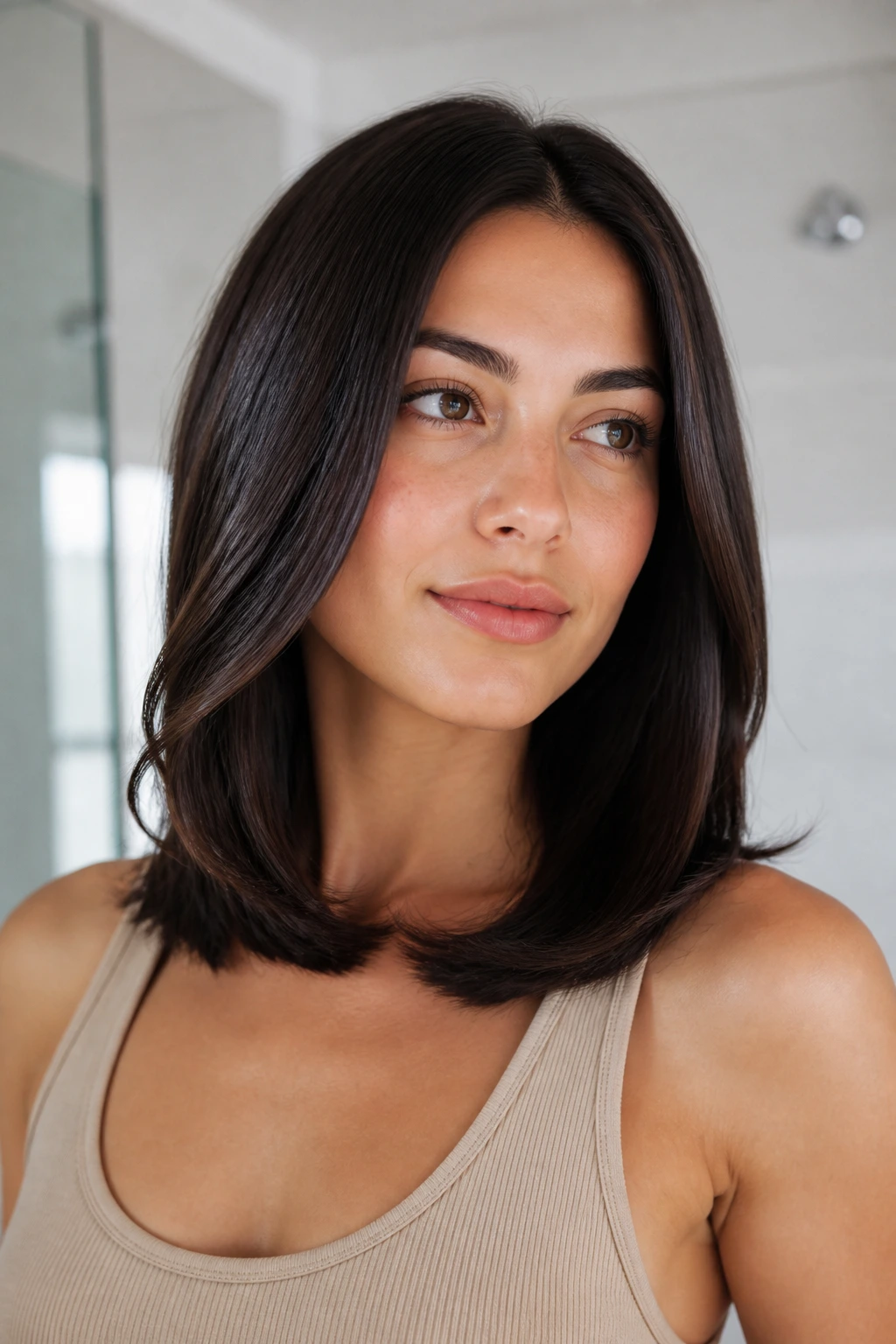 Close-up of a real person with a humidity-resistant smooth blowout in bright light