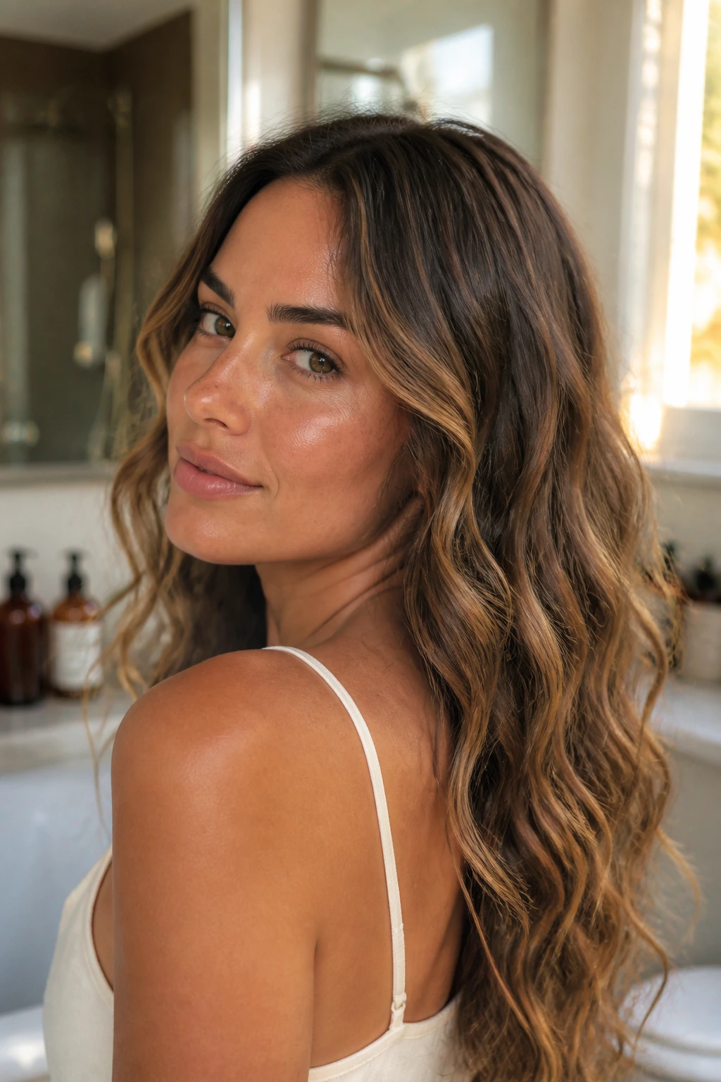 Close-up of a real woman with humidity-soft waves in natural light