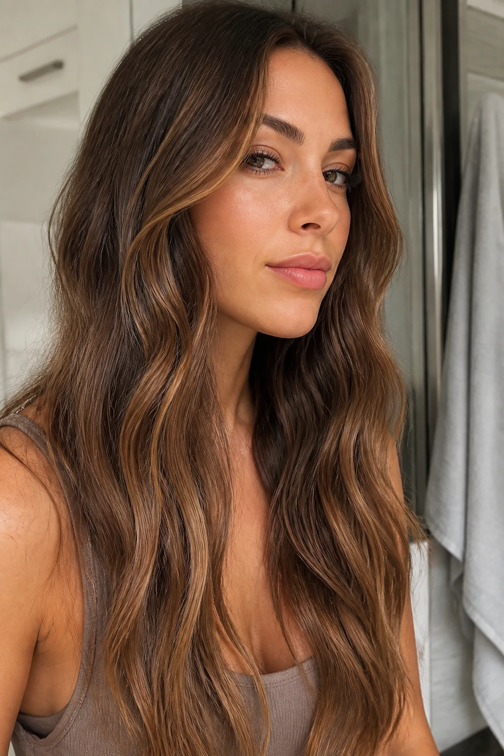 Close-up of a real woman's long hair showing humidity-proof waves