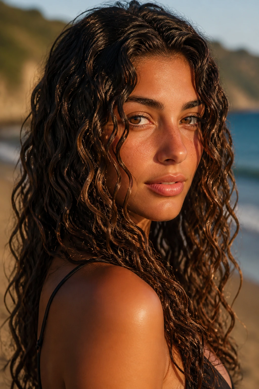 Close-up of a real woman with defined humidity-resistant beach waves in golden hour light.