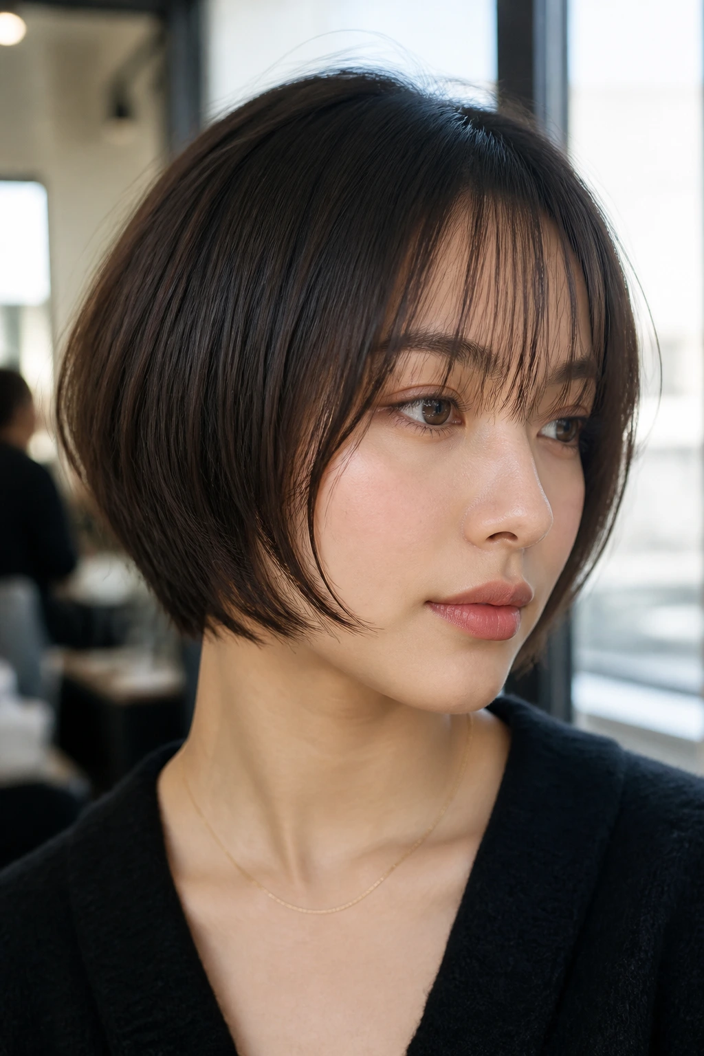 Close-up portrait of a woman with an airy bob and see-through bangs in a bright hair salon