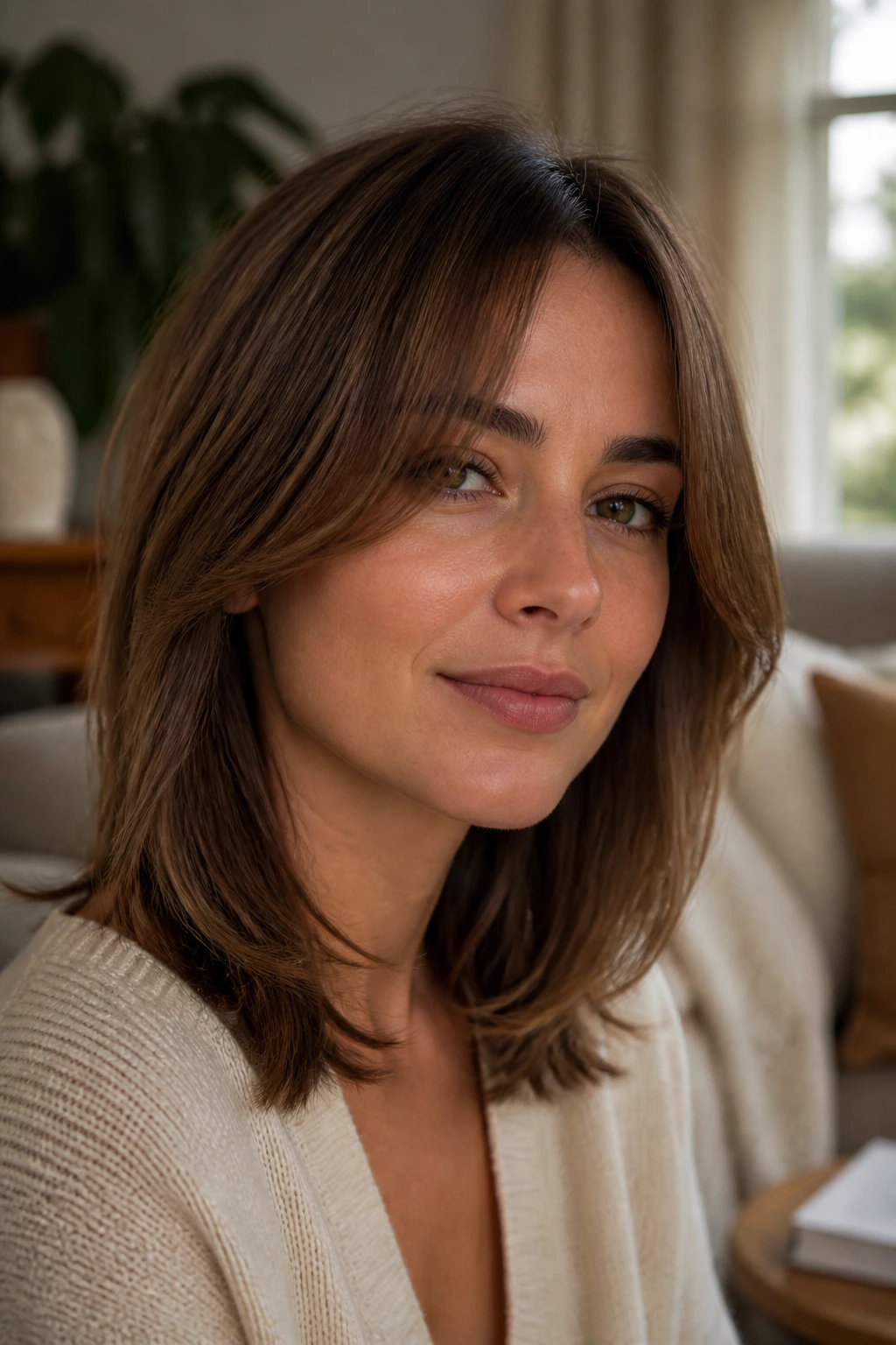 Portrait of a real woman with a hush-cut curtain fringe that nearly disappears at rest