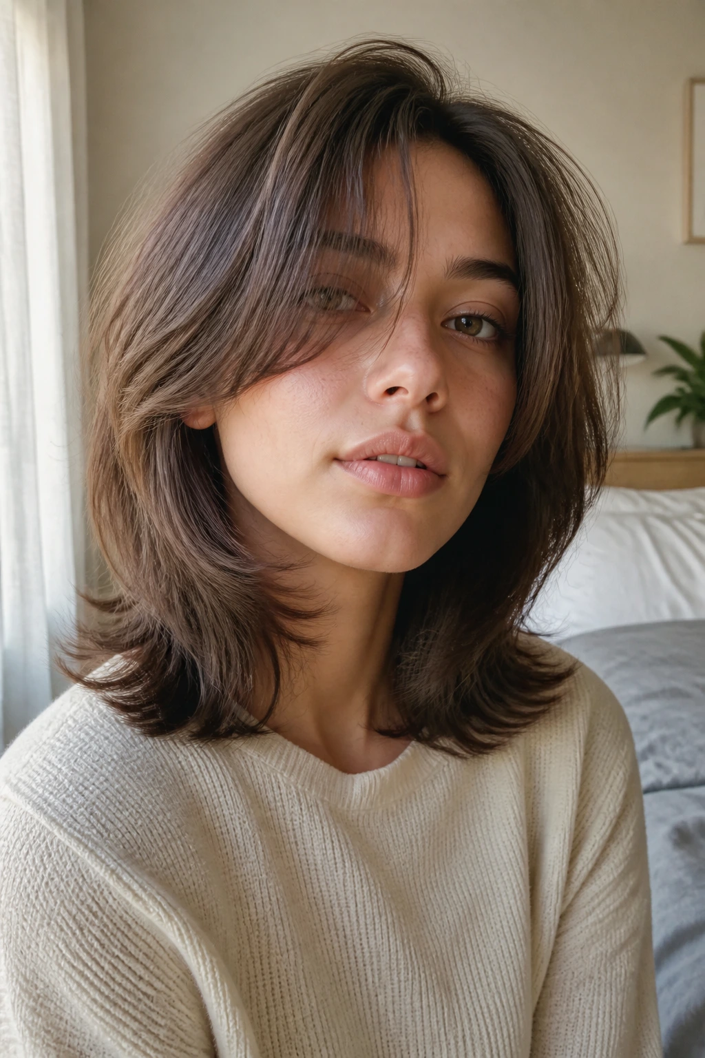 Close-up portrait of a real woman with a Hush Cut featuring soft feathered layers