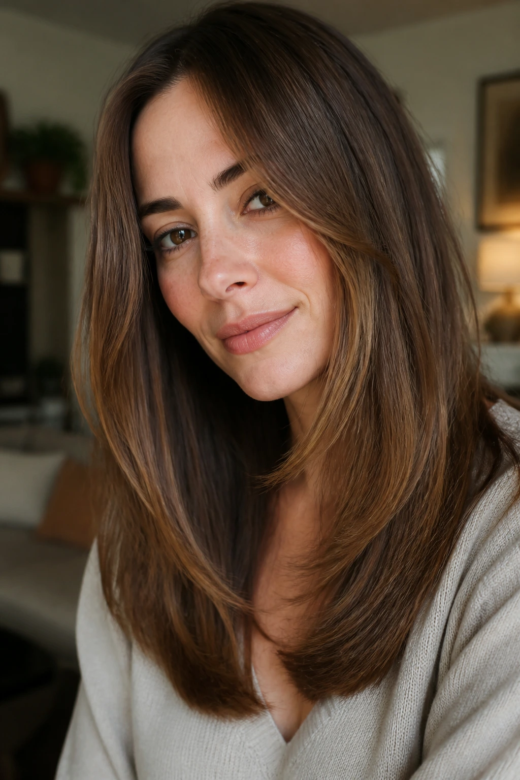 Real woman with hush cut featuring tapered ends and subtle face framing